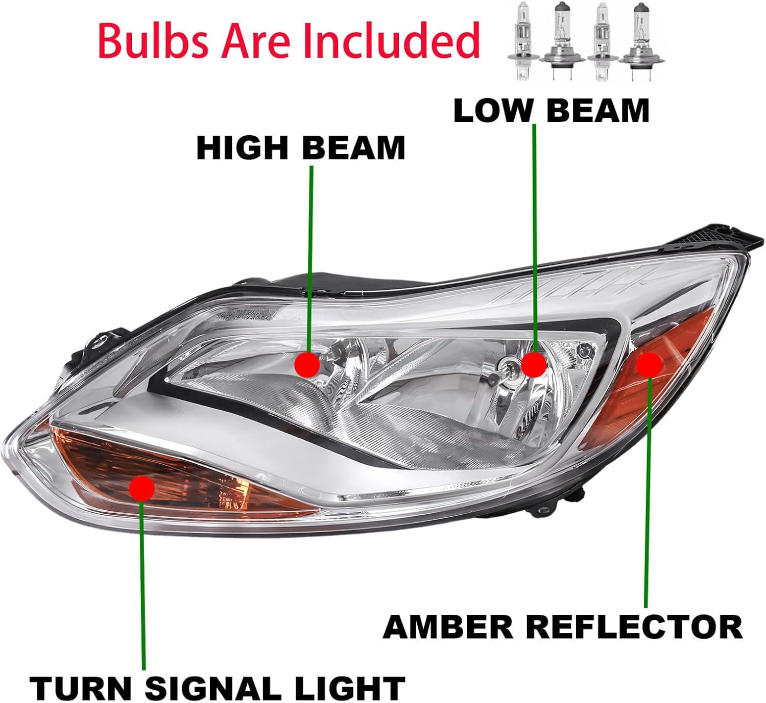 Pair Headlight Assembly W/Bulbs Set For 2012 2013 2014 Ford Focus SE SEL Titanium Base Hatchback Sedan Replacement Halogen Headlamps Driver and Psaaenger Side Chrome Housing Clear Lens(LH&RH)