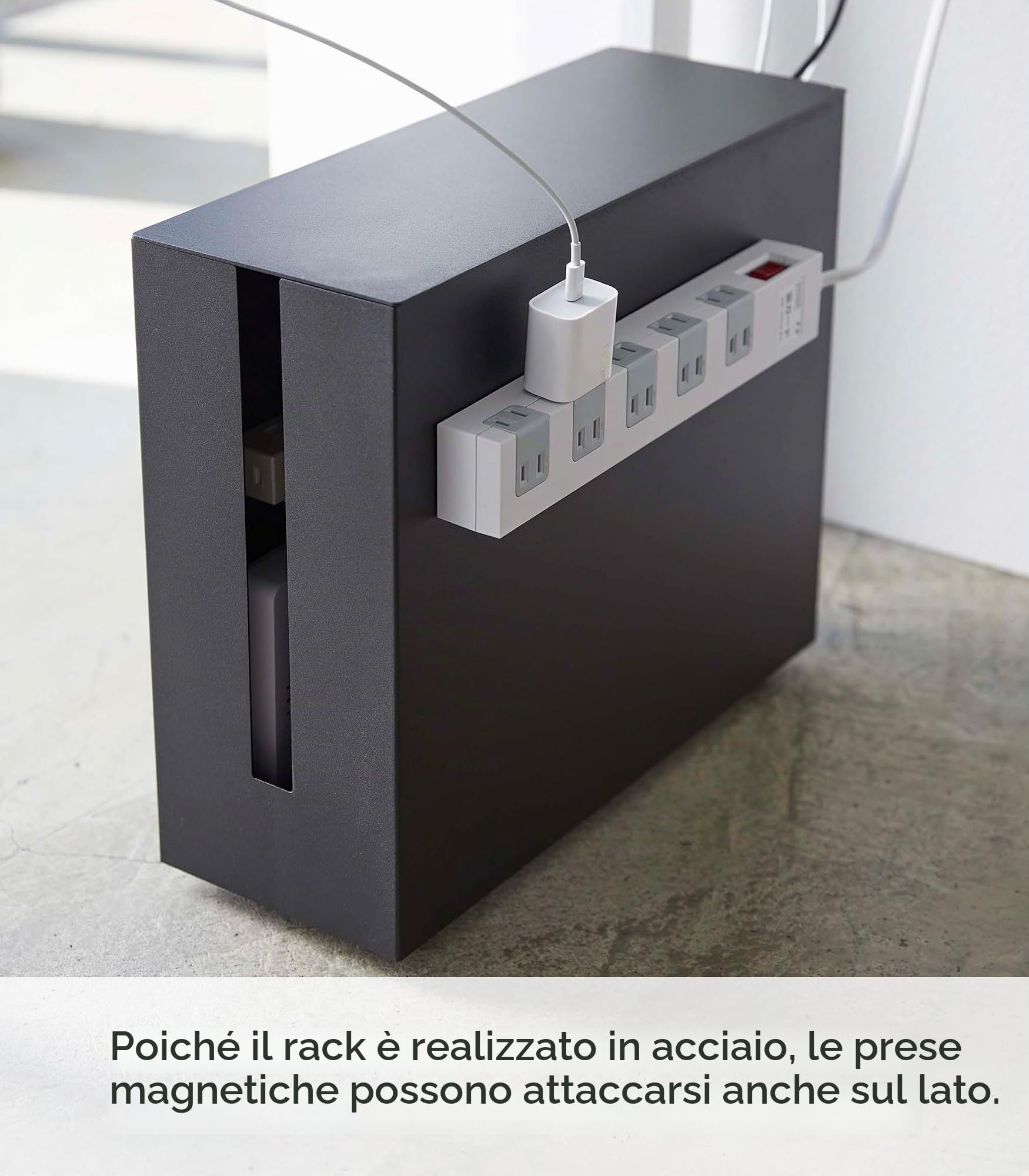 Yamazaki 5404 TOWER Scatola per cavi con rotelle, nero, acciaio, design minimalista, 15 x 40 x 34,5 cm (LxPxA)