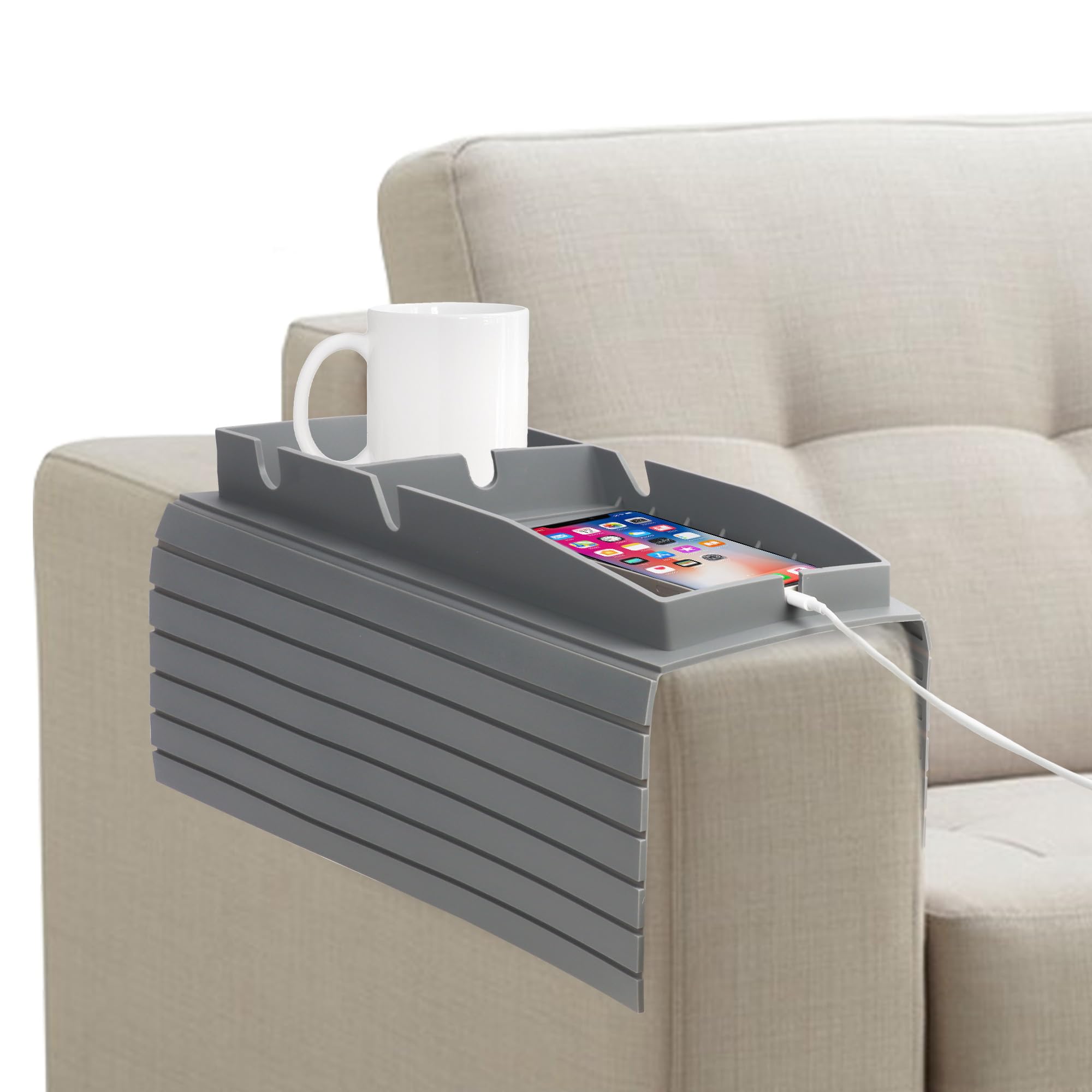 NiCola Sofa Armrest Tray Table, Grey Sofa Armrest Tray Organizer, Silicone Couch Arm Rest Cup Holder for TV Remote Control, Coffee, Snacks, Glasses, Phone Organisation Storage (Grey)