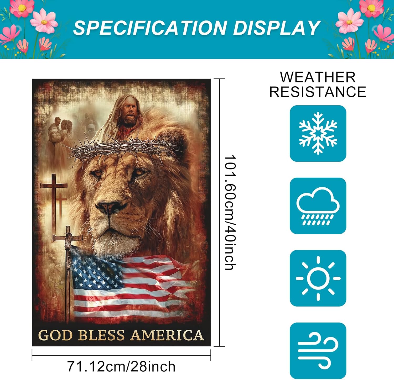 Patriotic Religious House Flag Lion Jesus God Bless America House Flags 28 x 40 Inch Double Sided Summer Fall Garden Flags Banner for Outdoor Porch Yard Decor Home Seasonal Decorations - Image 3