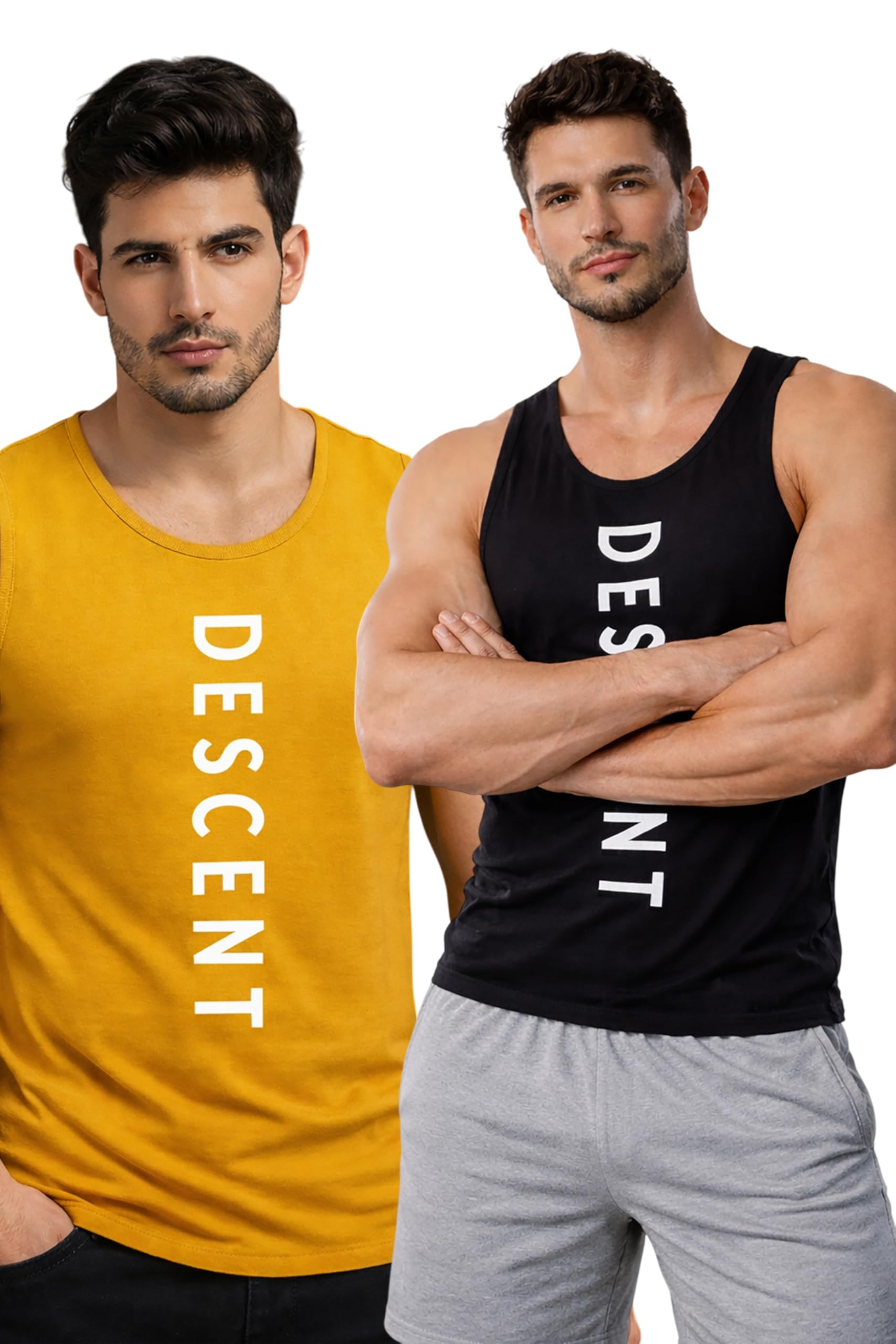 Polyester Letter Printed Vest for Men - Pack of 2 - Black & Yellow | Round Neck | Sleeveless | Regular Fit | Summer & Gym Wear for Men(L)-image-44