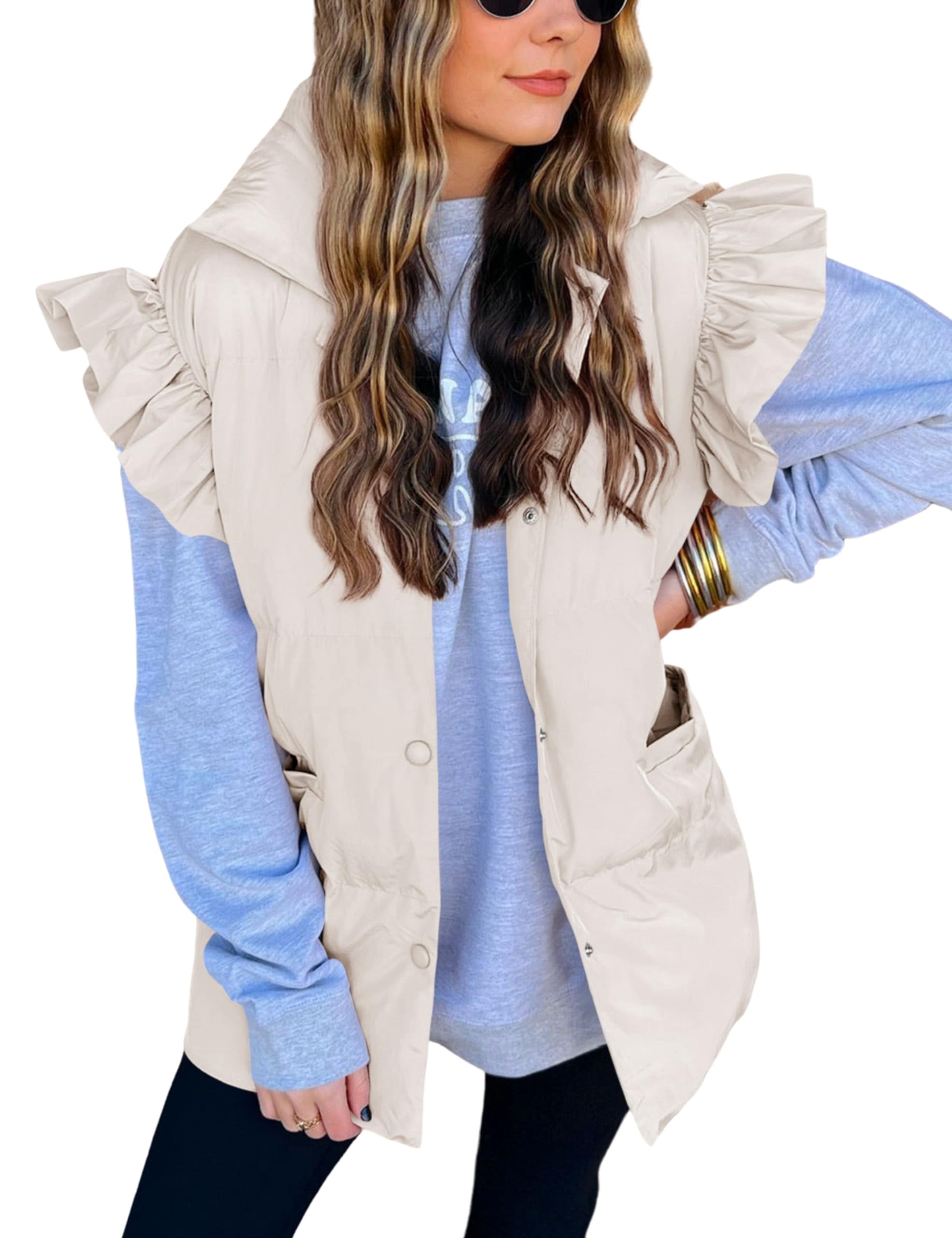 Womens Cute Ruffle Sleeve Puffer Vest Button Down Padded Gilet with Pocket-image-16