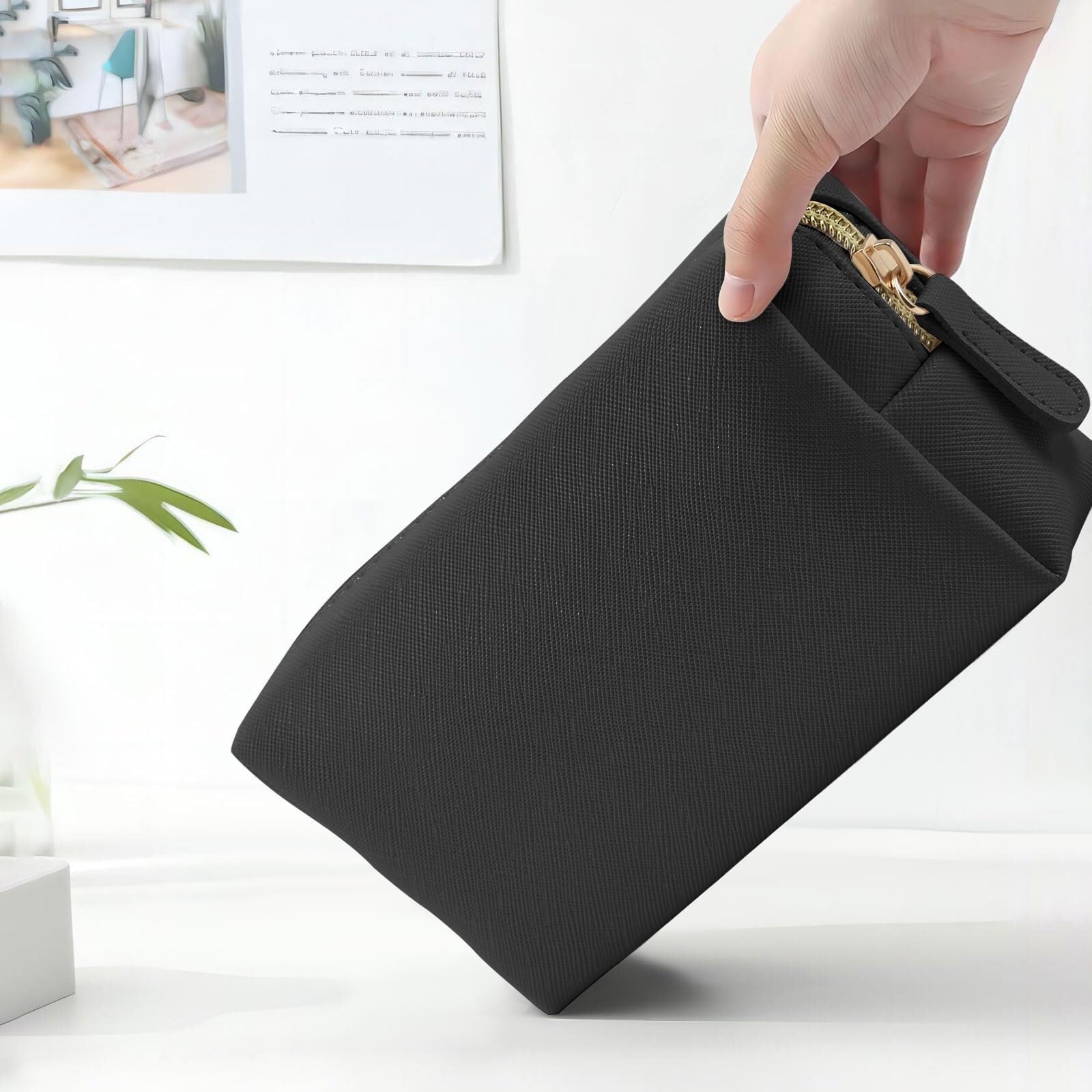 RUVOO Portátil para Viaje Bolsas Bolso Cosmético De Cuero del Viaje Pequeño Bolso Cosmético Portátil del Almacenamiento del Bolso del Cosmético con La Cremallera Organizador Maquillaje(Black,24cm)