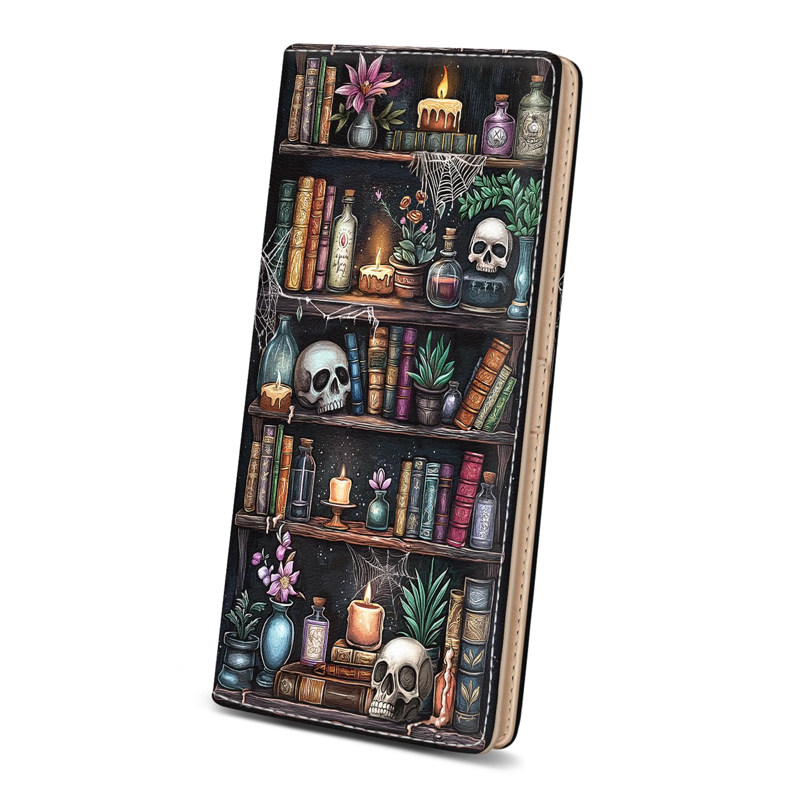 Immaturus Womens Wallet, Goth Skull Bookshelf Slim Thin RFID Blocking Credit Card Wallets, Long Bifold PU Leather Card Holder Organizer, Cash Clutch Billfold with Zipper Coin Pocket Ladies Girls Gift