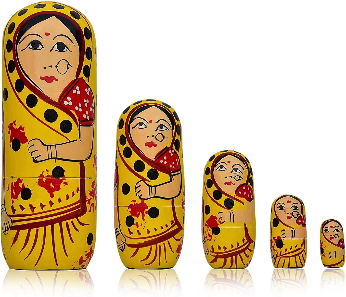 Wooden Handmade Crafted Yellow Color Doll Hand Painted - Nesting Doll - Wooden Decoration GIF- Stacking Nested Wood Dolls for Kids - Set of 5 (Yellow)