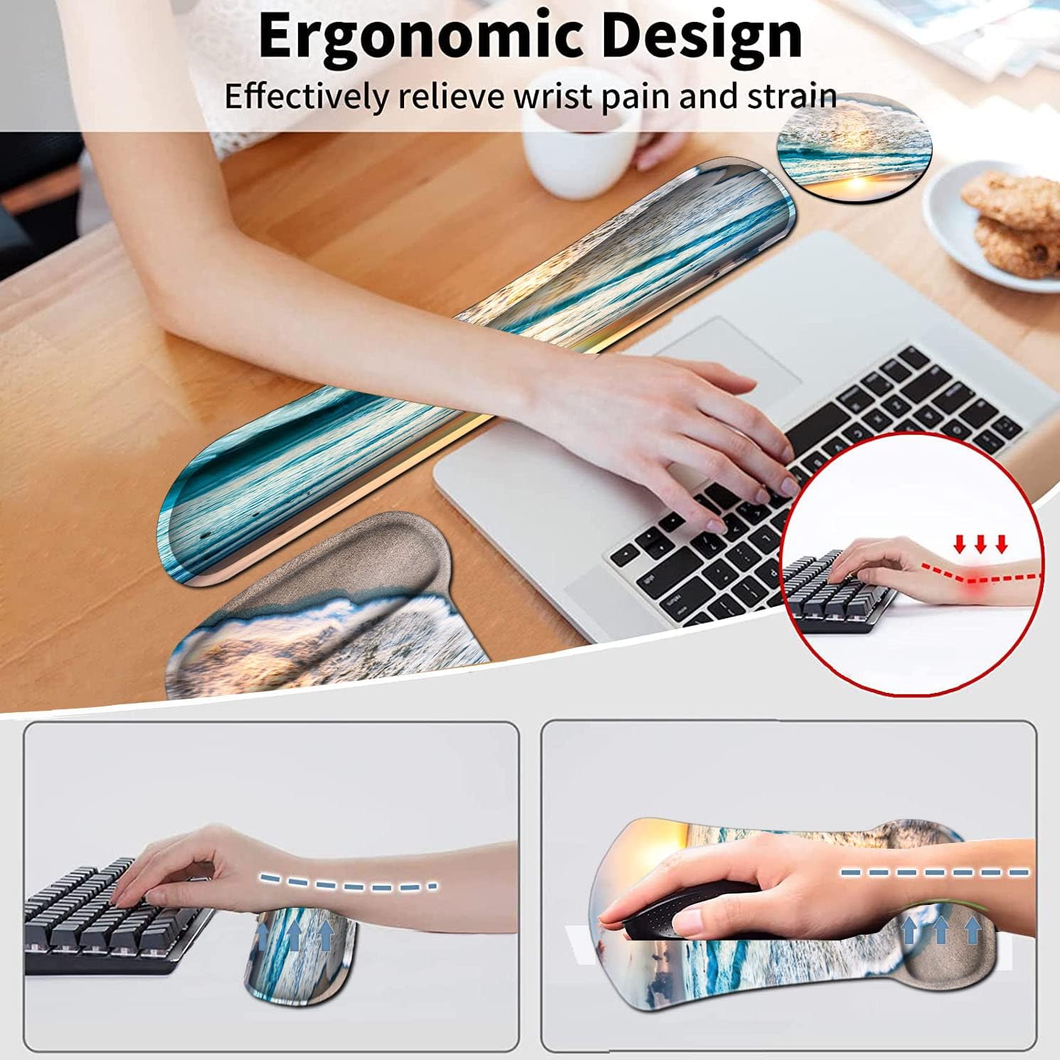 Ergonomic Mouse Pad with Gel Wrist Support and Non-Slip PU Base, Wireless Office Desk Pad Memory Foam Keyboard Wrist Rest Desktop Accessories, Sunrise on The Beach Pattern Gaming Mouse Pad