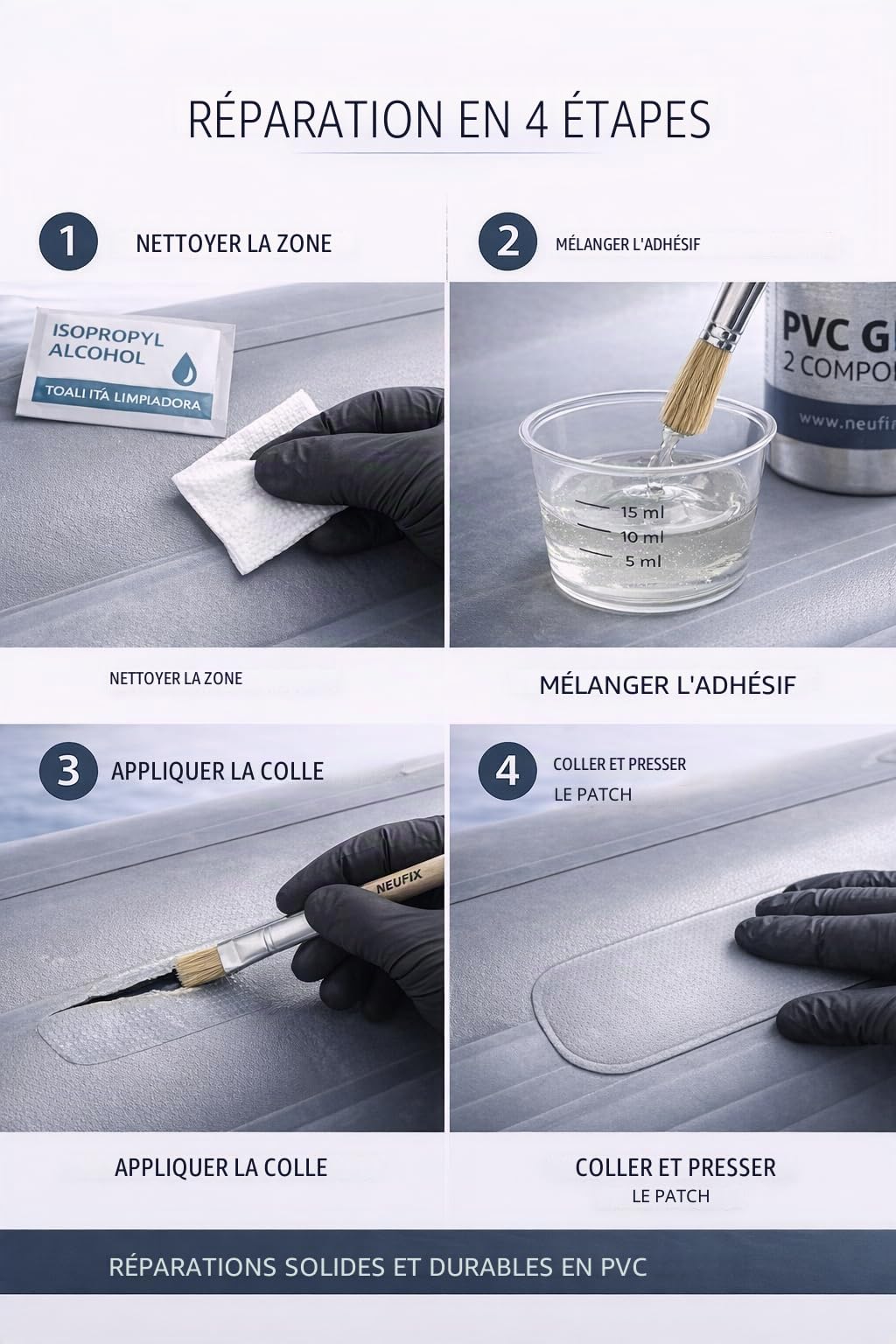 Kit de réparation PVC professionnel 2 composants pour Zodiac, Paddle Surf, Kayak - 125 ml avec patchs, pinceau, gobelet, gants