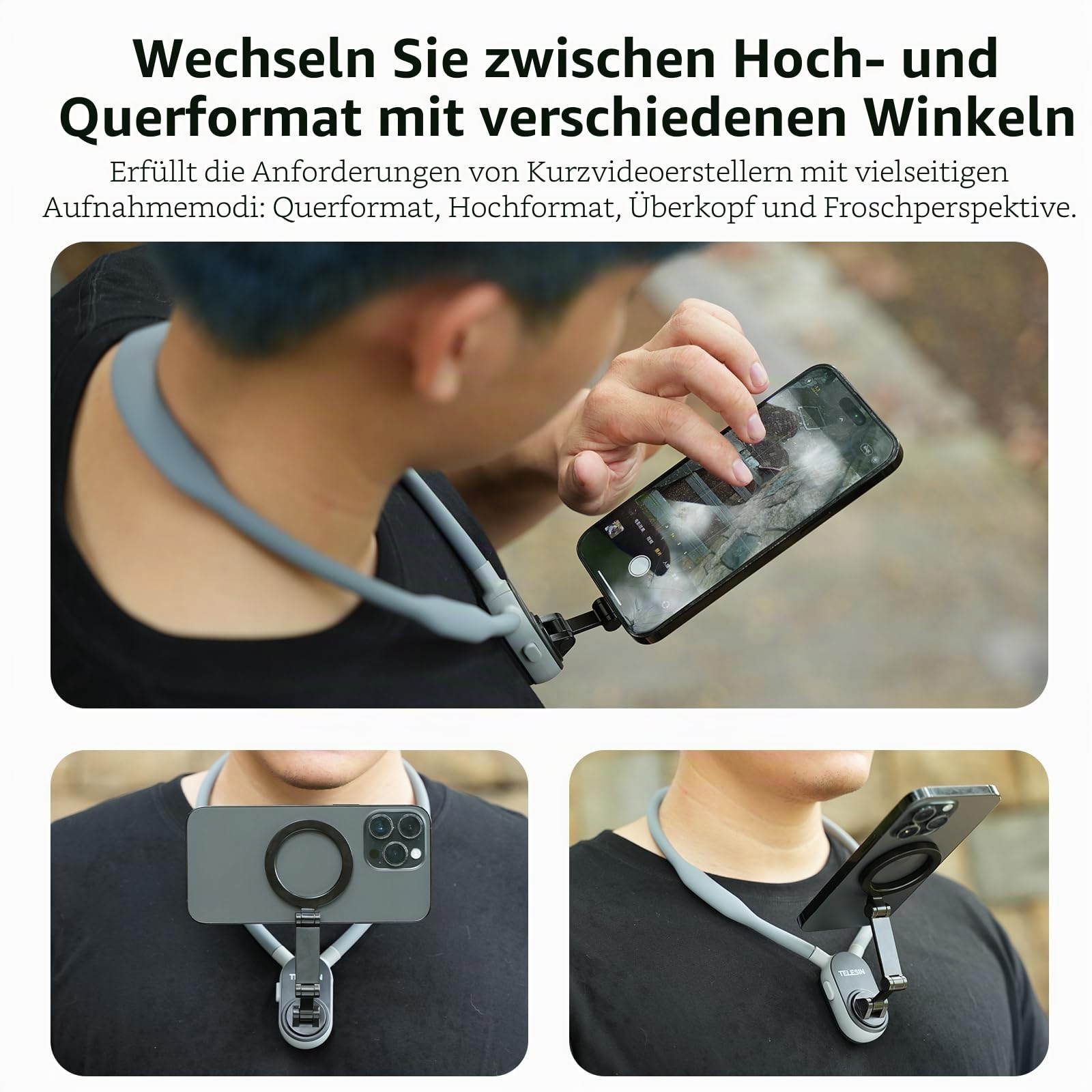 TELESIN° Magnetischer Hals Telefon Selfie Halter, POV/VLOG Magnetische Halskette für Mobiltelefone für Magsafe Hals Telefonhalter für iPhone 15 14 13 Pro 12 Max Android (Grau)