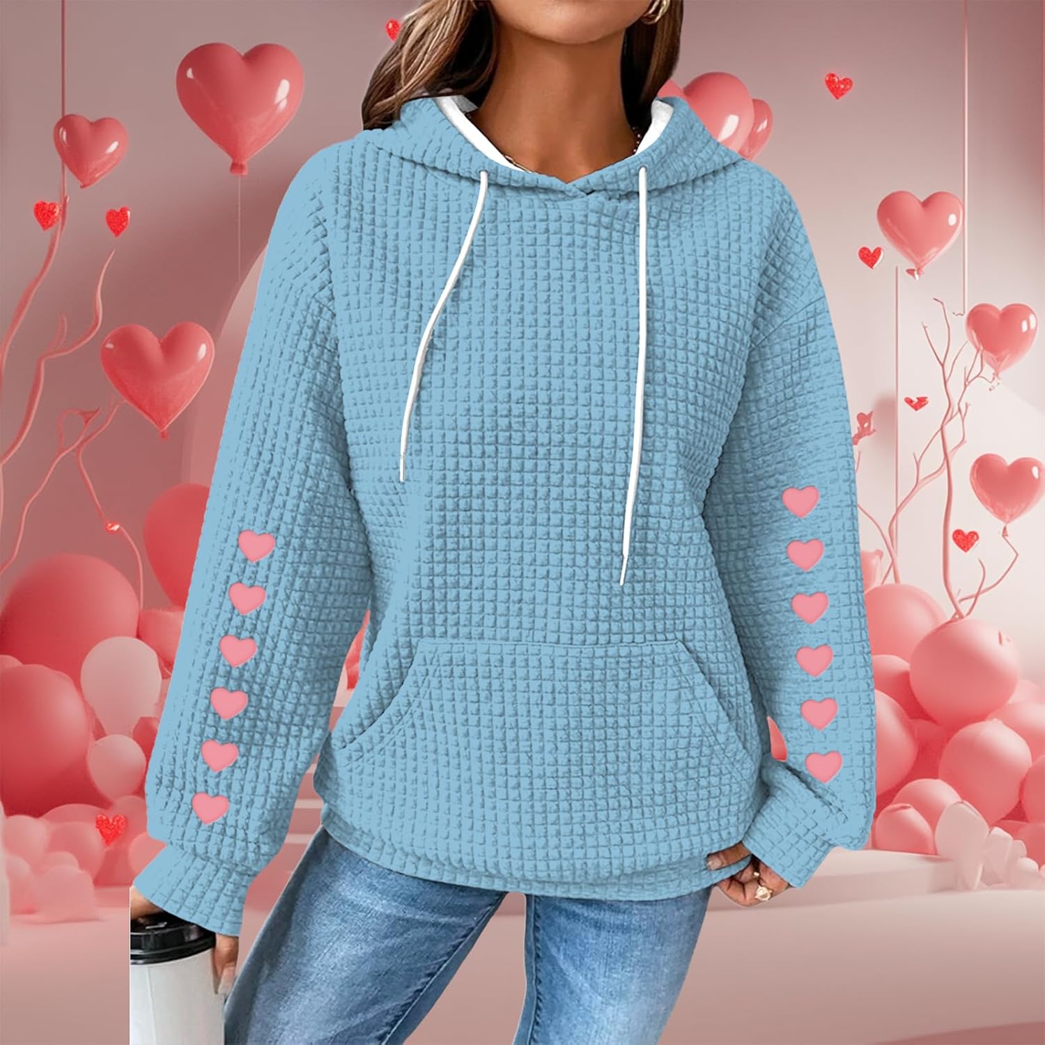 Valentines Day Hoodies For Women Heart Print Waffle Pullover Plus Size Hooded 2025 Spring Fashion Cute Outfits - Image 3