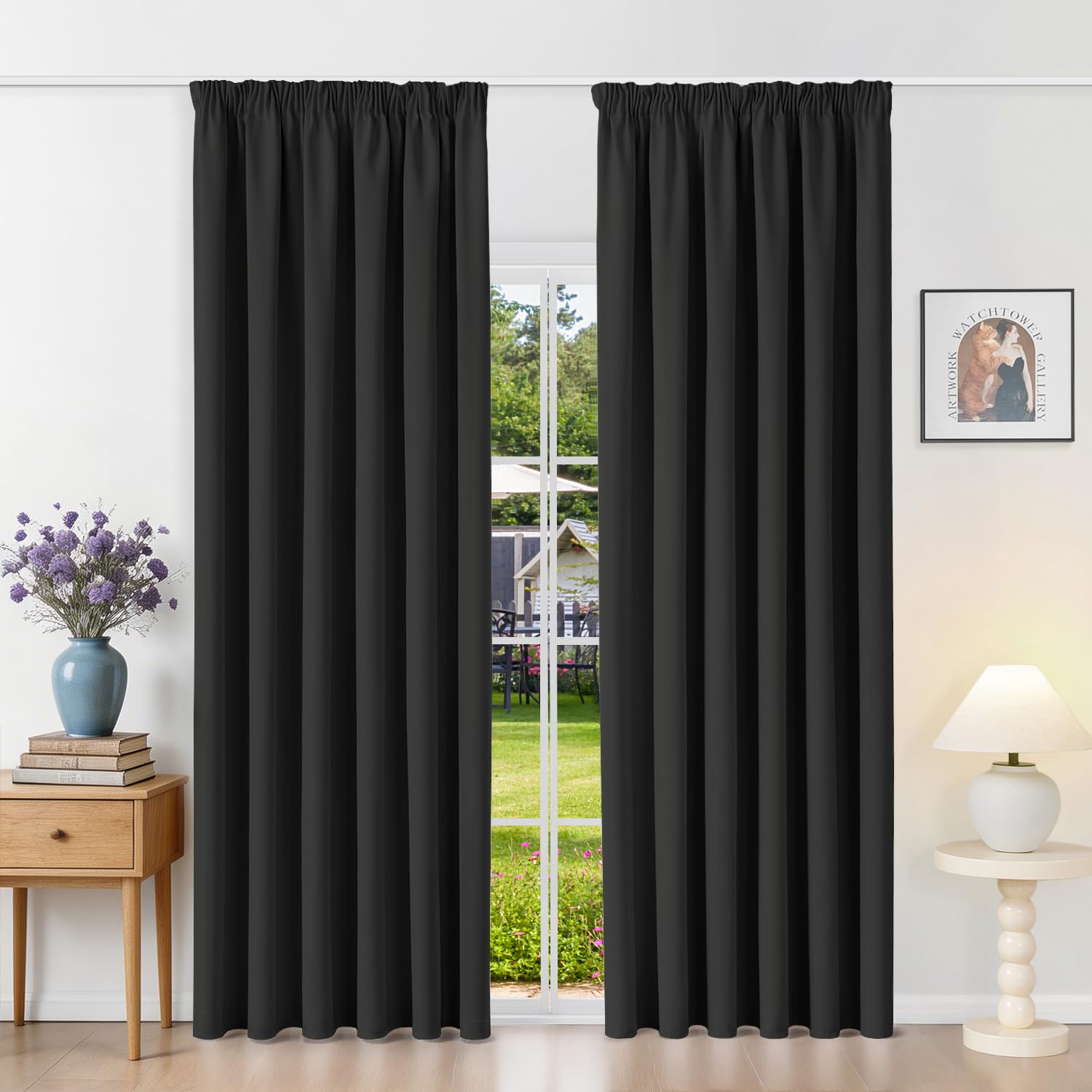 Runyéla Pencil Pleat Blackout Curtains for Bedroom Thermal Curtain 90 x 90 Inch Drop Living Room Kitchen 2 Panels Black