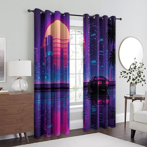 Miniatura 3 de Retro Synthwave Curtains Blackout, 80s Neon Cityscape Cyberpunk Curtains, 96 Inch Drapes, Eyelet Thermal Window Treatments for Bedroom, Living Room,