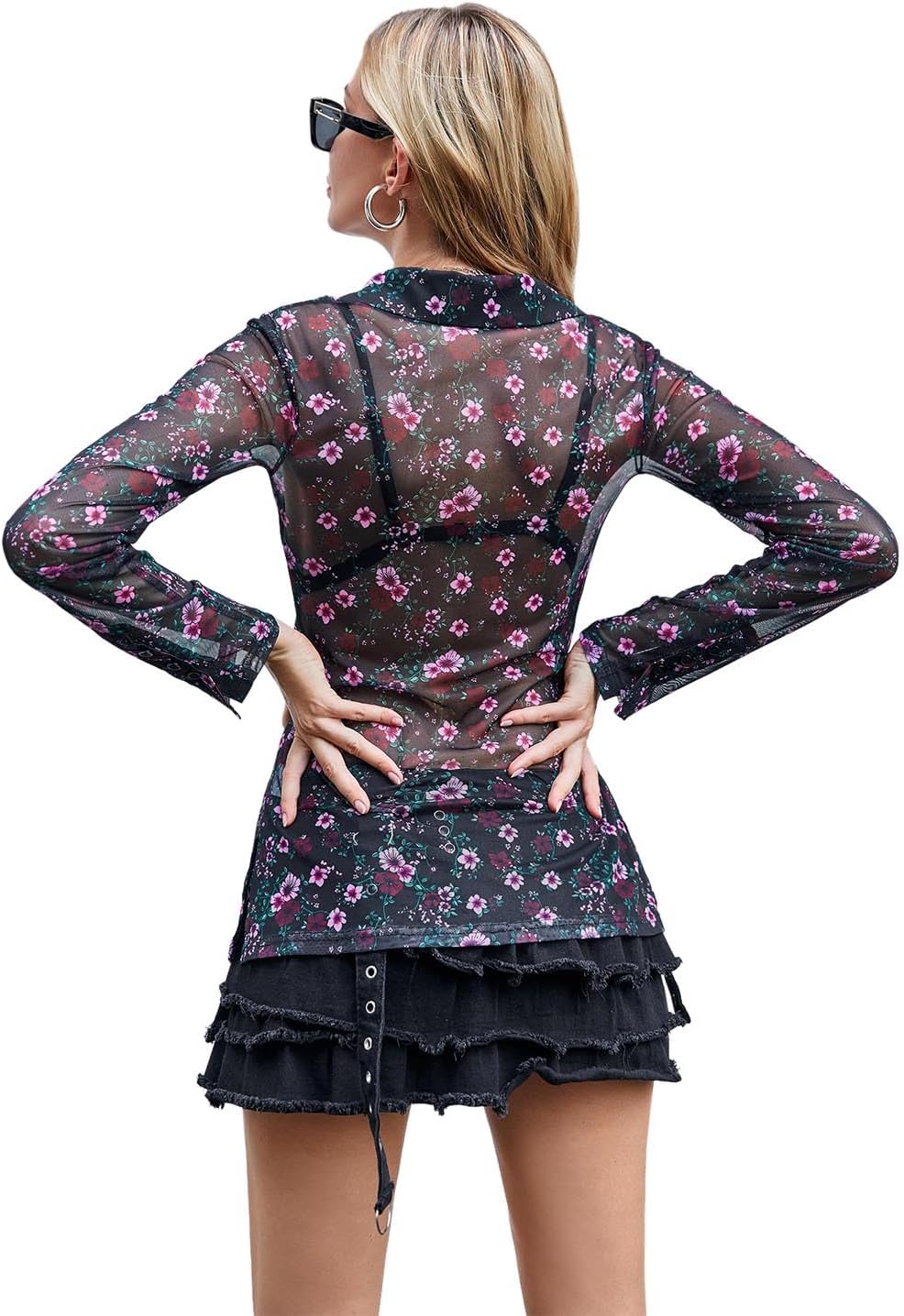 Women's Button Down Floral Shirts 2026 Summer Long Sleeve V Neck Sheer Mesh Tops Boho Blouse Date Outfits - Image 2