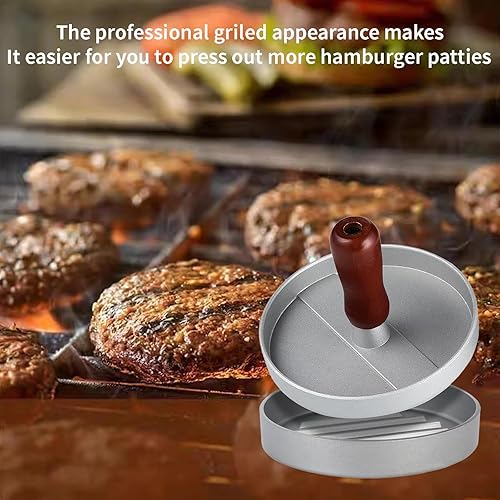Miniatura 2 de Amuideasy Hamburguesa para hacer hamburguesas, prensa de hamburguesas de aluminio, con mango de madera, prensa de carne, molde para hamburguesas con