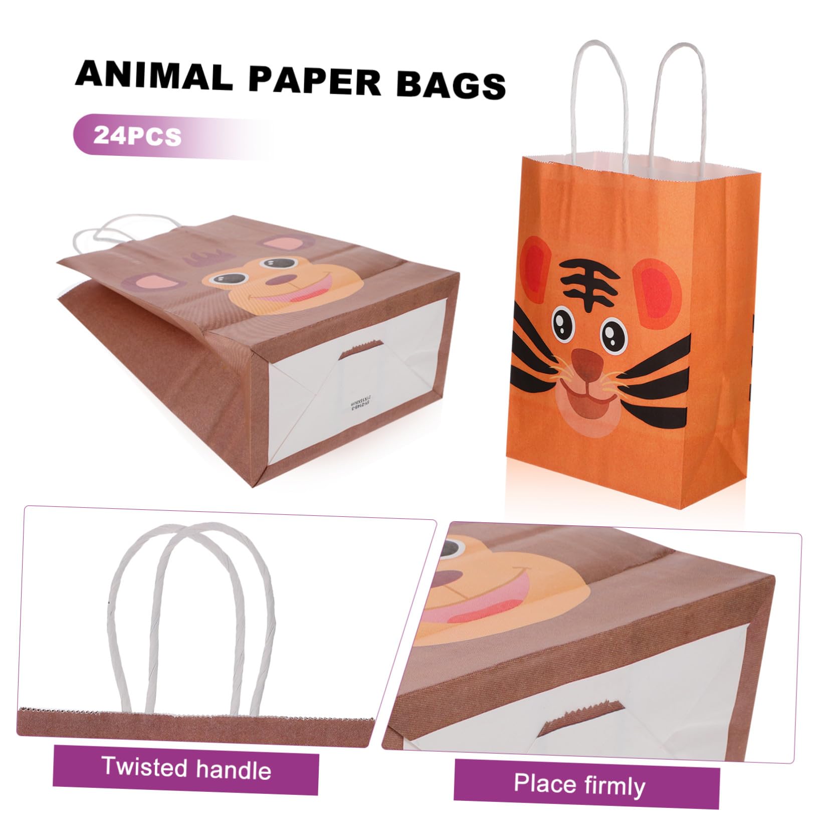 SKISUNO Geschenktüten Vielseitig Einsetzbar aus Kraftpapier mit Tiermotiven 24 Stück und Henkel in Verschiedenen Farben für Kindergeburtstag und Partys