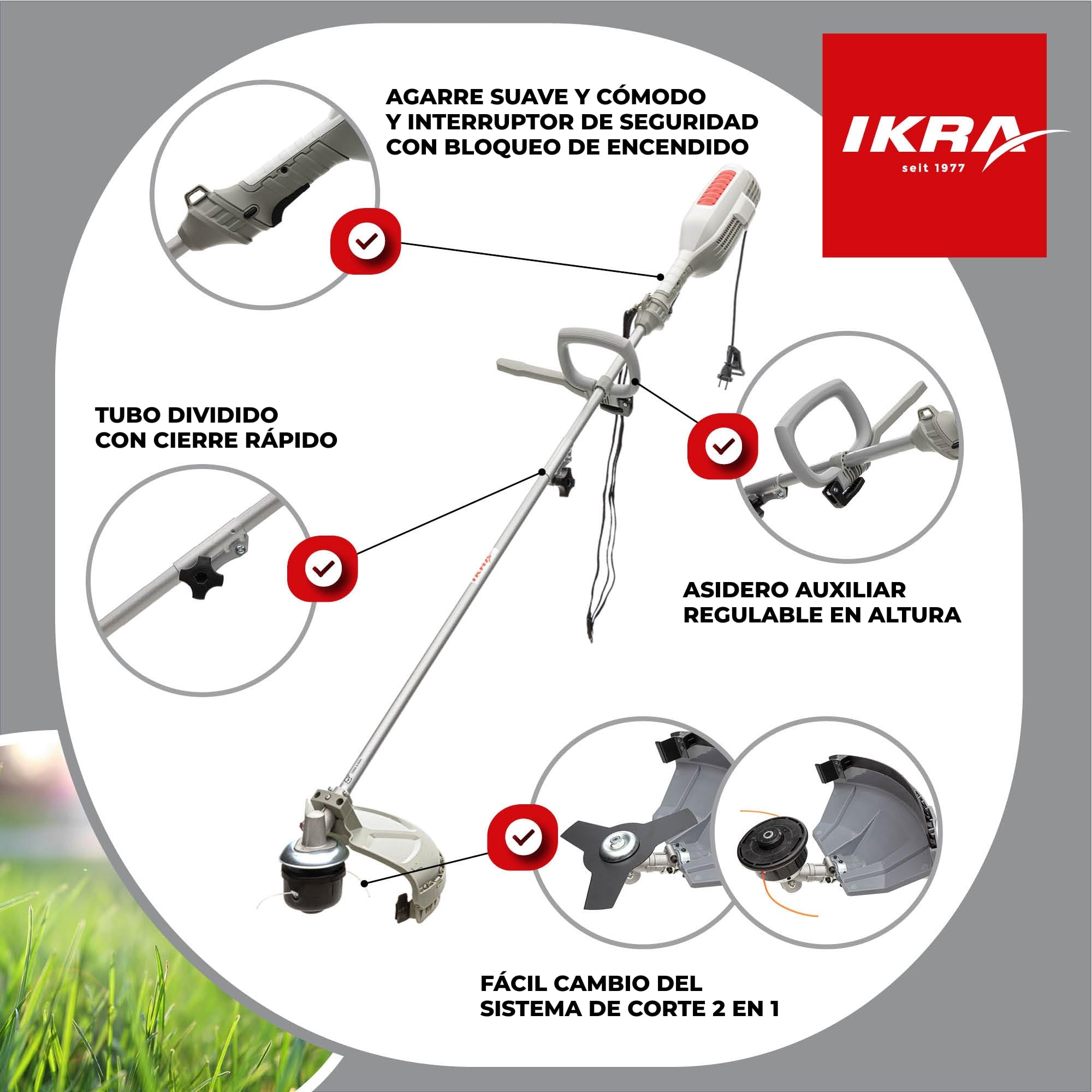 IKRA 78001625 desbrozadora eléctrica IES 1000 C, Ancho de Corte 37cm, Incl. Bobina, Cuchilla de 3 Hojas y Cinta de Hombro, 1000 W, 230 V