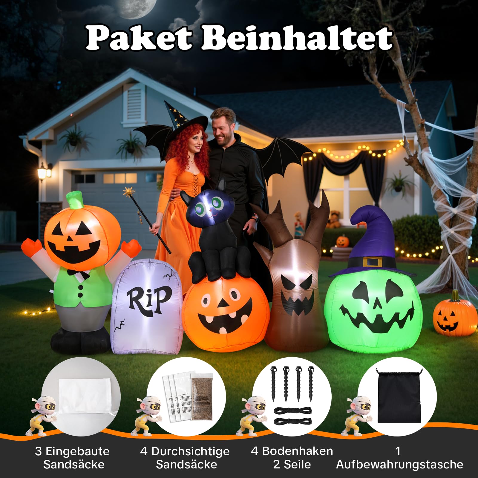 250CM Lange Halloween Aufblasbare Dekoration mit Integrierten LED, Schwarz Katze Grabstein Kürbis Deko Aufblasbare Gartendekoration Halloween Decoration für Outdoor Rasen Garten Veranda Party
