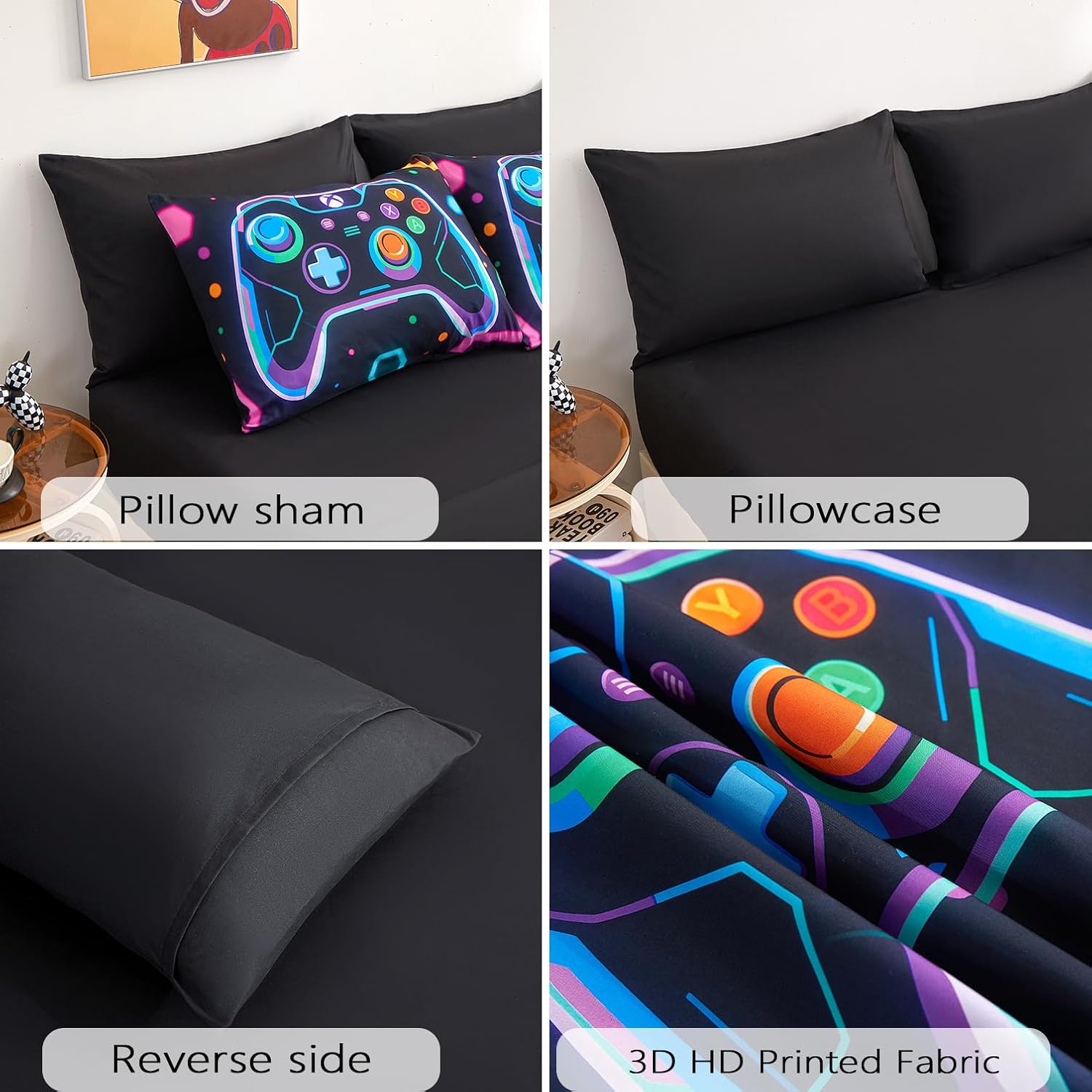 Gaming Comforter Set Queen 7 Piece with Sheets and Sham, Black Gamer Bedding for Kids Teens Boys, Queen Bedding Sets for Boys, Fun Game Bed Set, Cool Gamer Room Decor for Boys Bedroom