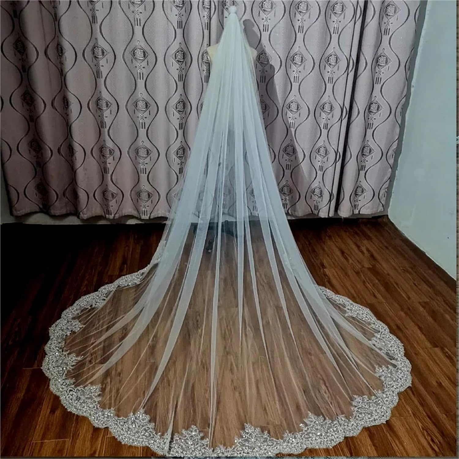 Glittery Bridal Wedding Veil with Pearl and Sequin Edge - Elegant Cathedral Veil for Brides Girls