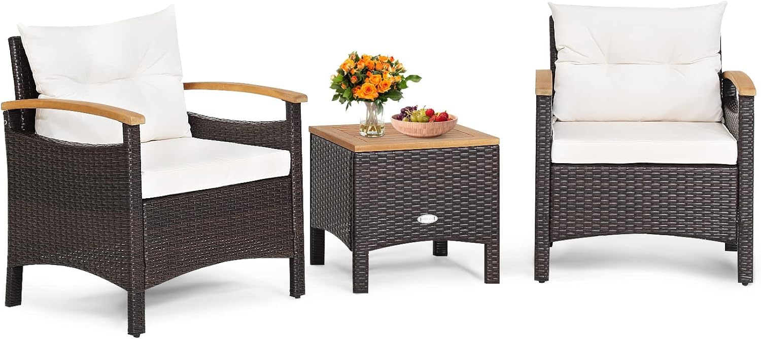 GIANTEX Juego de Muebles de Jardín de Ratán para 2 Personas, Conjunto de Muebles 3 Piezas con Cojines, 2 Sillones y 1 Mesa de Café, Conjunto de Conversación para Patio, Balcón (3 Piezas, Blanco)
