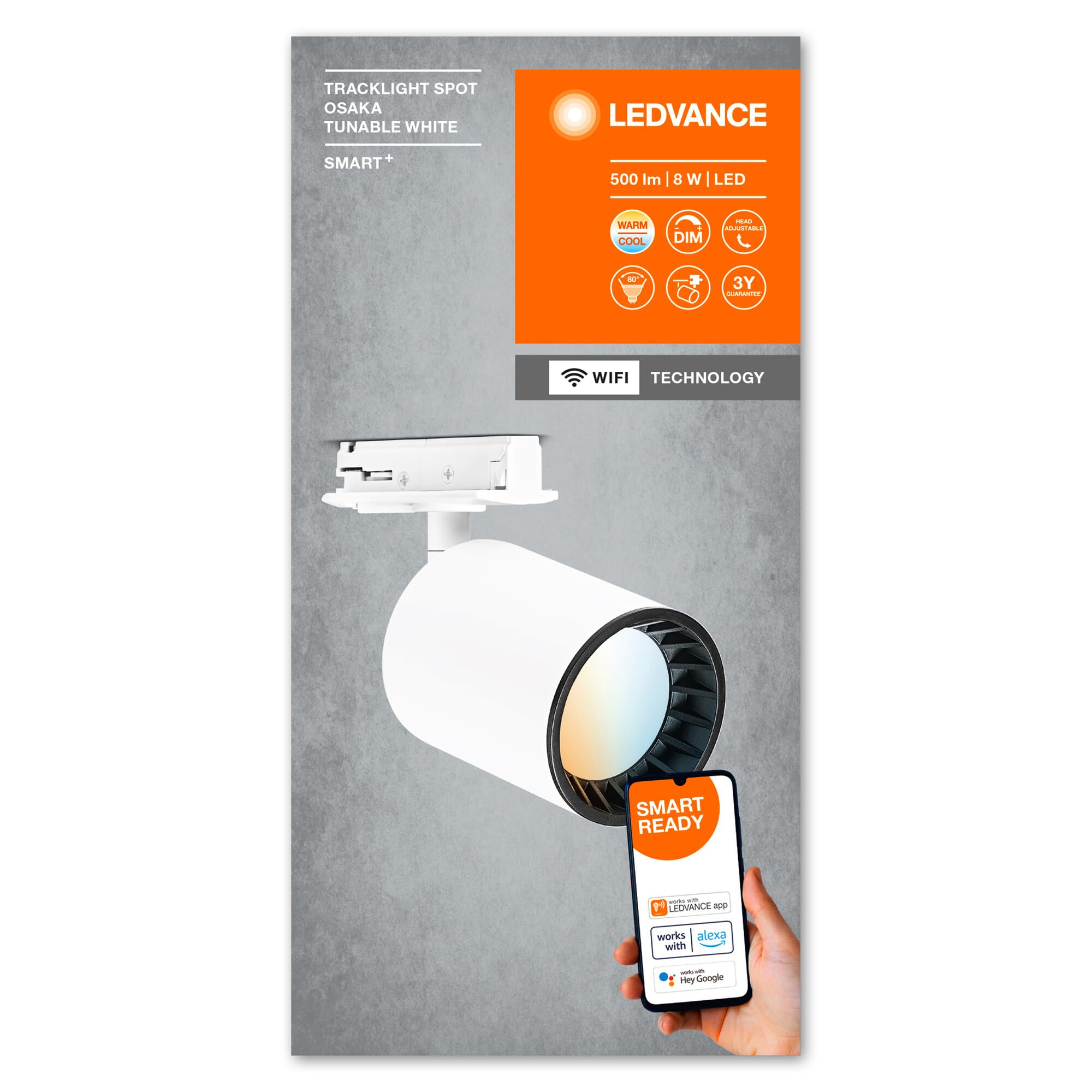 LEDVANCE Tête d'éclairage du système de rail SMART+ Tracklight WiFi,blanc, 8W, 500lm, tête directionnelle, blanc réglable 3000K-6500K, contrôlable par application, compatible Amazon, Google, etc.