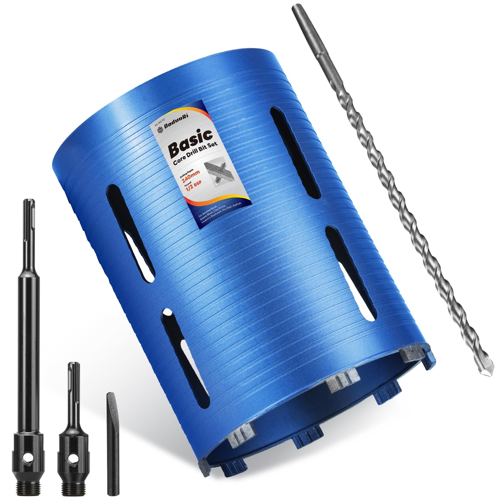 DaduoRi 180mm x 240mm Long Core Drill Bit Set with 240mm,110mm SDS Plus Adaptor & Centre Pilot Bit,Diamond Core Drill Set for Brick Block Masonry Stone,1/2 BSP Thread