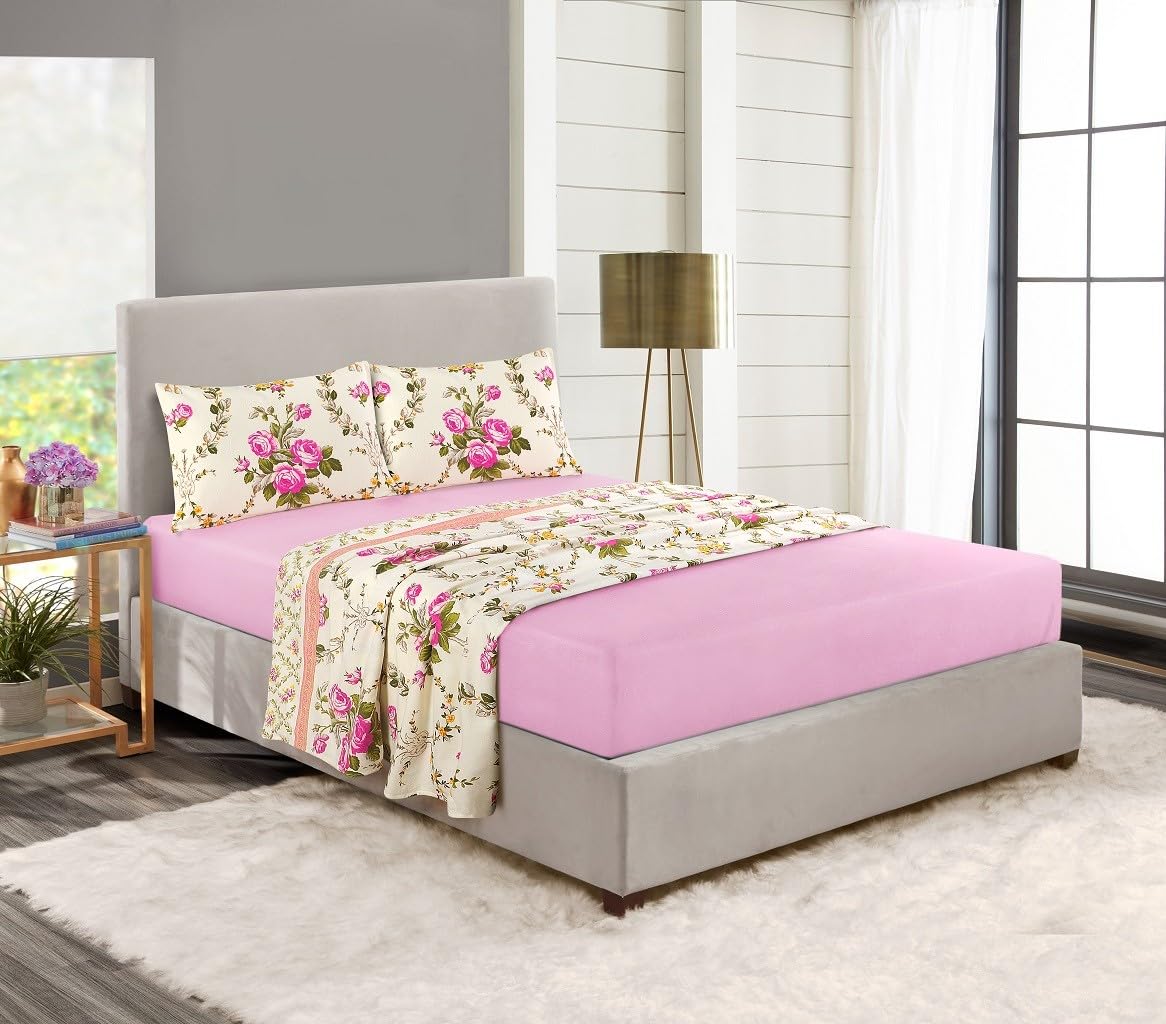 Brit House 100% Brushed Cotton Floral Printed Olivia Flannelette Bed Sheets Set, Fitted Sheet, Flat Sheet, Pillowcases, Soft, Warm Bedding (Pink, Double)