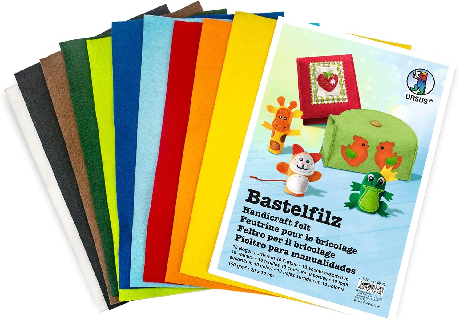 Ursus 4170099 Intensive Craft Felt 150 g/m², Approx. 20 x 30 cm, Sheet of Felt Fabric Assorted in 10 Colours, Ideal for Creative Crafts, Colourful