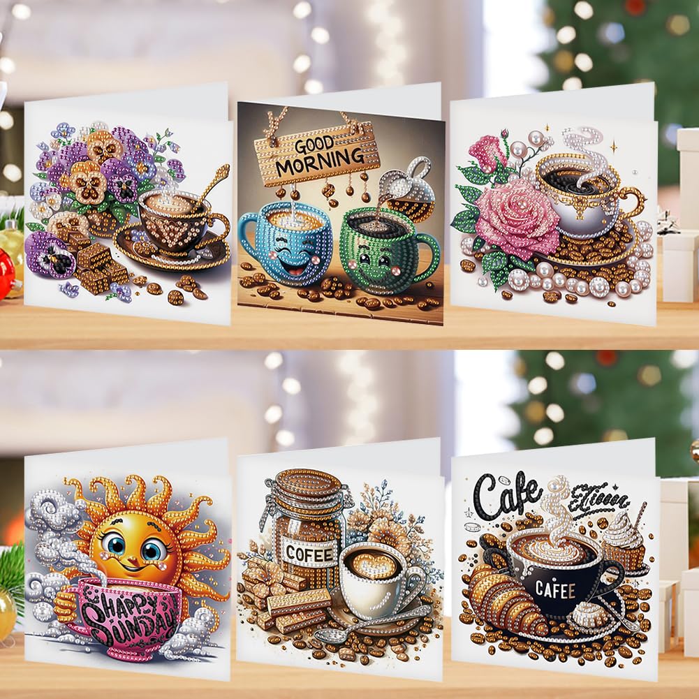 Speproeco Coffee Cup-01 6Pcs Coffee Cup Diy Diamond Art Painting Cards Rhinestone Painting Greeting Card Kit Easter Handmade Card Crafts For Brithday Easter Party Favors