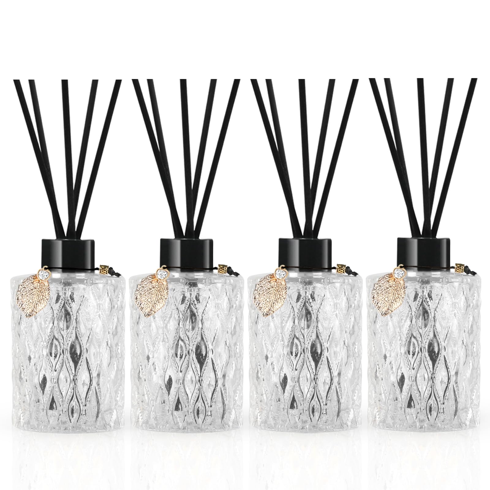 TRIFOLIC 4Pcs Reed Diffuser Set with Metal Golden Decoration, 6oz Empty Reed Diffuser Bottles with 20Pcs Reed Diffuser Sticks, Unique Design Bottles for Home and Office(Black)