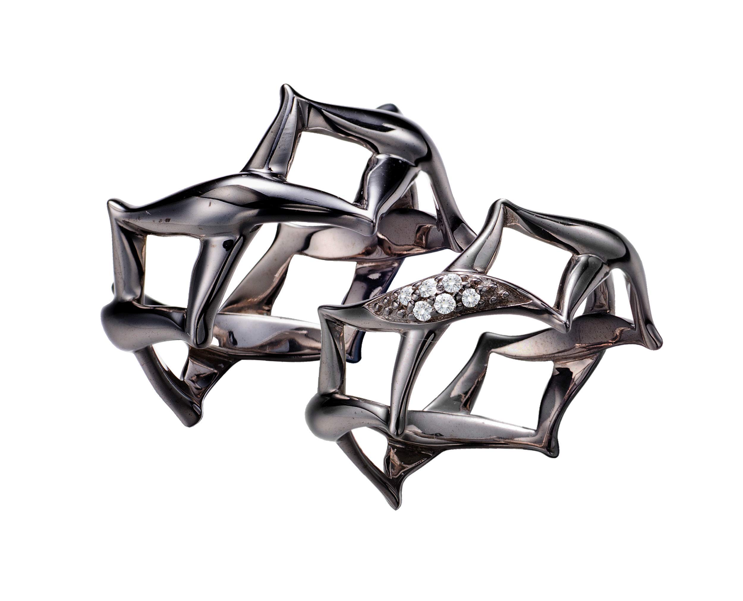 GenericHis and her promise ring set by Majade. Sterling silver diamond ring, diamond eternity band, black ring for couples. Handmade 925 silver jewelry. Wide band criss cross ring. Unique matching ring set.