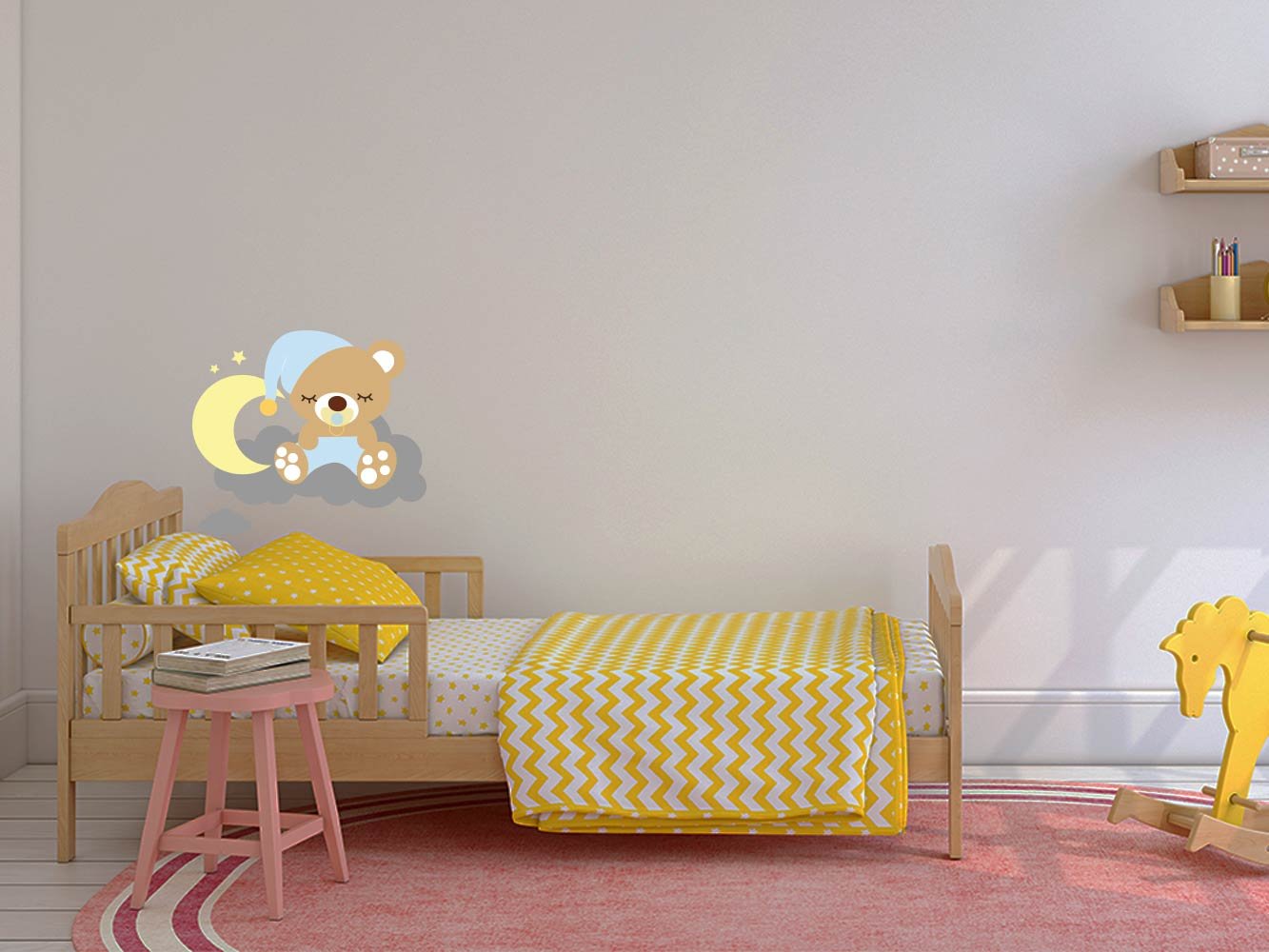 Vinile decorativo da parete per bambini con orsetto dormentato sulla luna 155x155cm