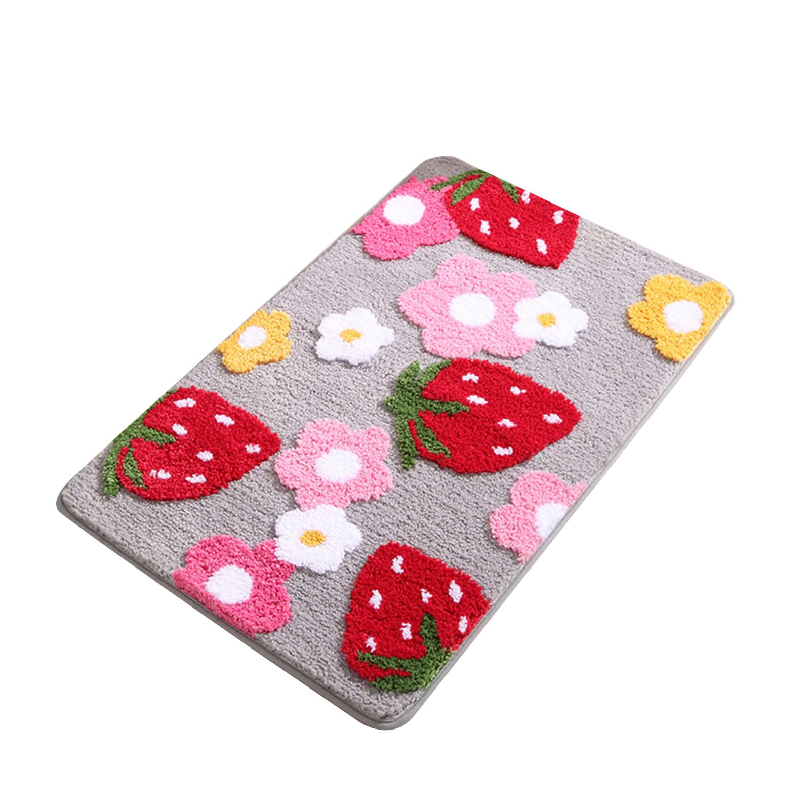 Carotoe Girls Grey Strawberry Bathroom Rugs, Microfiber Bathroom Floor Carpet, Safe Antislip Floor Covering For Family Use Comfortable Bath Rugs