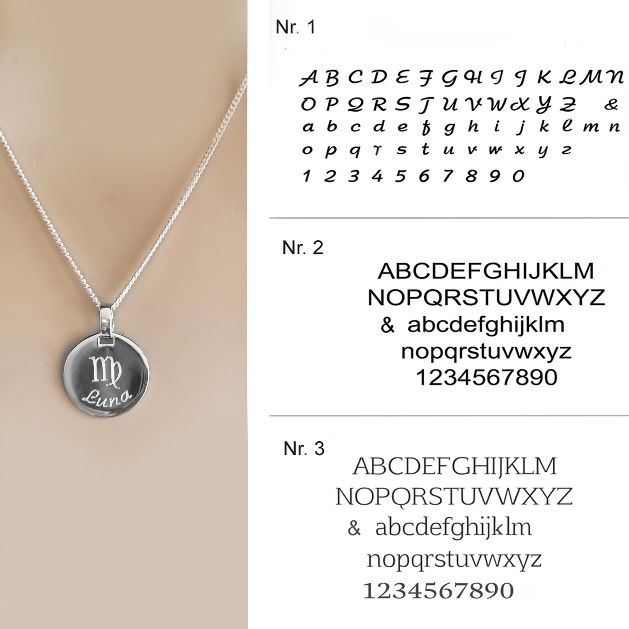 Personalisierte Sternzeichen Kette, 925 Silber Anhänger mit Gravur