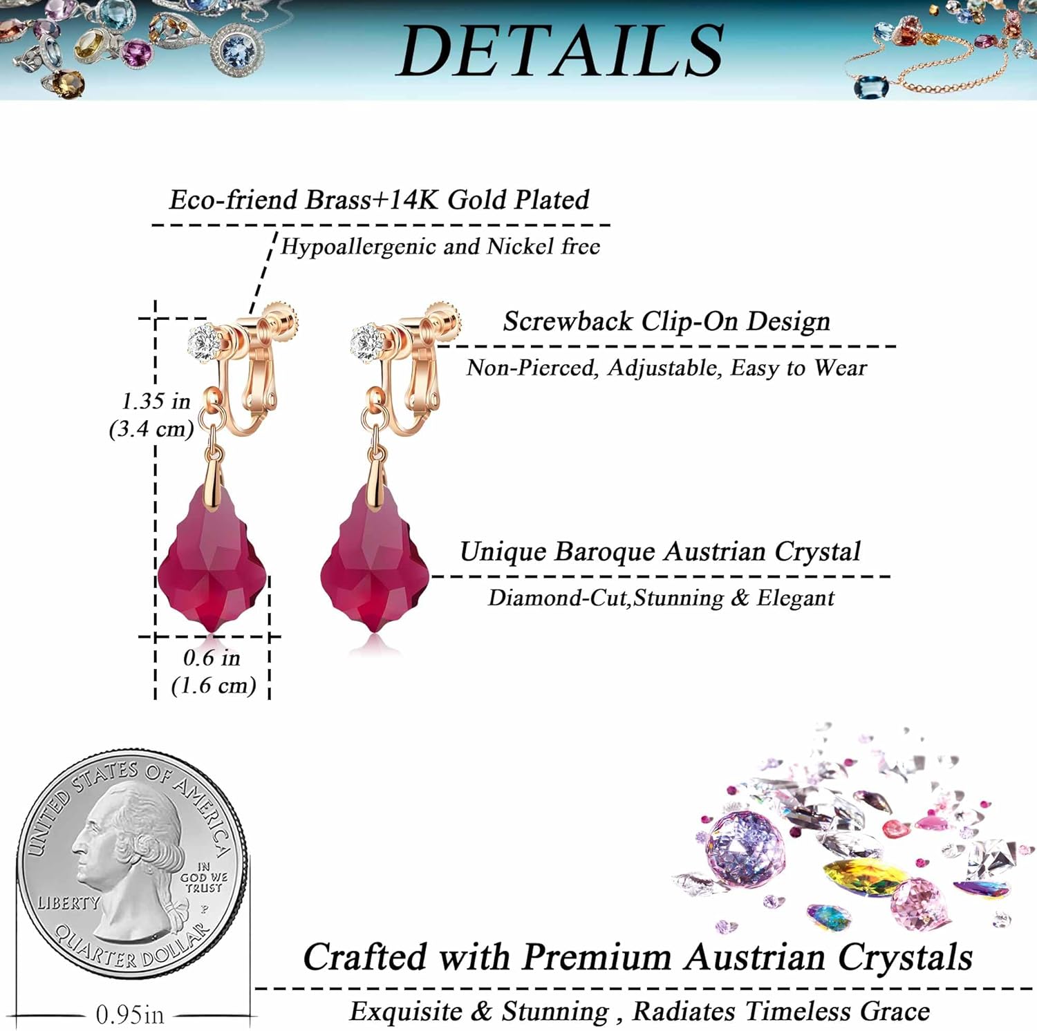 Austrian Crystal Baroque Drop Clip On Dangle Earrings for Women Non Pierced 14K Rose Gold Plated Hypoallergenic Jewelry - Image 5