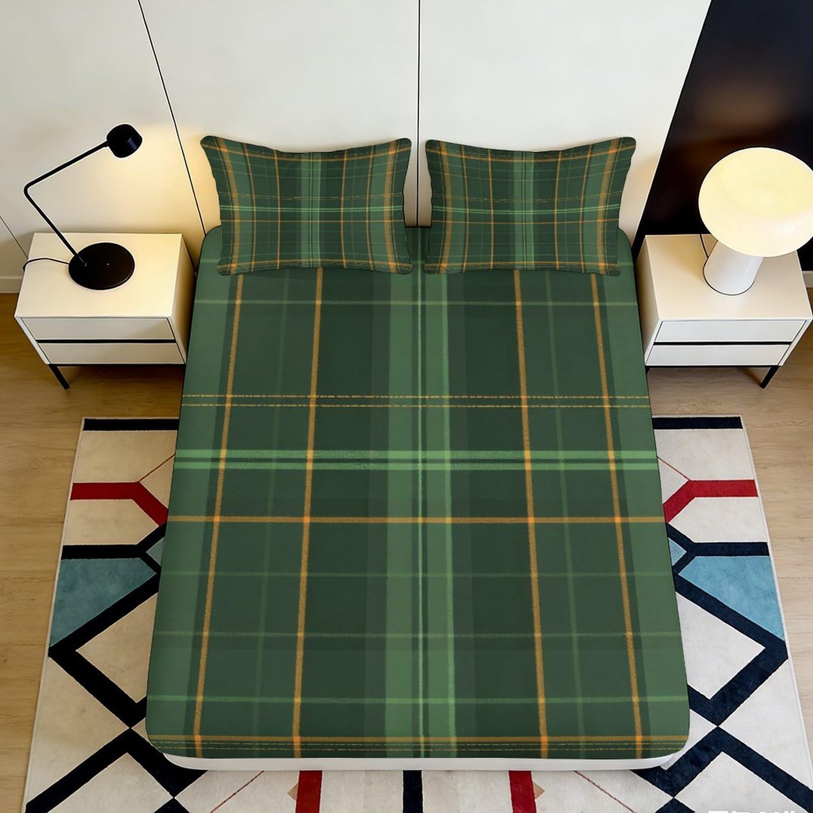3D Printed Green Plaid Fitted Sheet Microfiber Soft Breathable Tartan Mattress Cover for Bedroom Guest Room Dorm Decor Protection 120x200x25cm