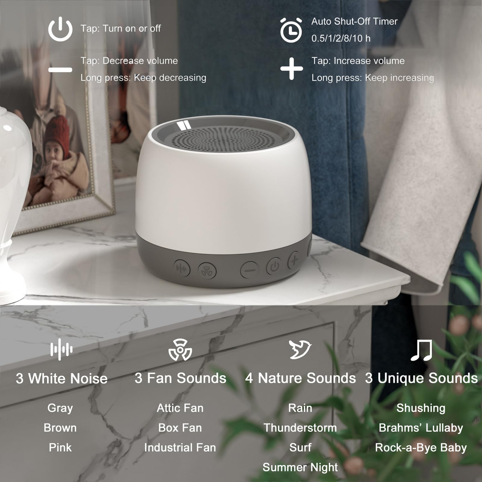 Tosuny Macchina per il Rumore Bianco, Altoparlante a 13 Suoni con Funzione di Memoria, Timer, Volume Regolabile, per Neonati, Adulti, Sonno, Viaggi, Alimentato Tramite USB
