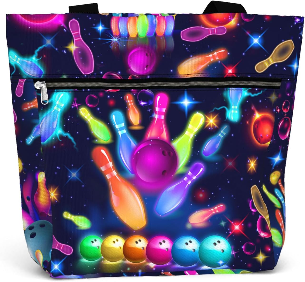 84hoods Large Tote Bag for Women. Shoulder Bag with Pockets and Zipper for Work. Gift for Bowling Lovers, Bowling Players.