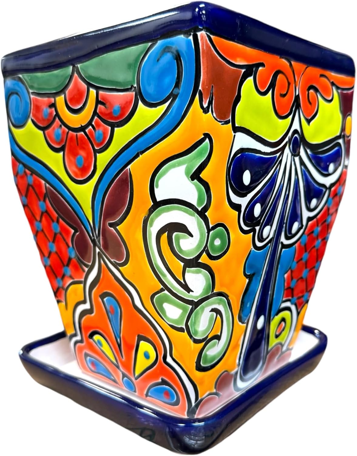 Talavera Tall Tapered Square Planter W/Saucer Mexican Pottery Folk Art Pot Vase Home Decor Multicolor Indoor Outdoor 9" (Multi 7)