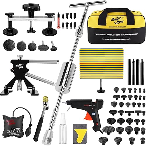 Car Dent Puller Kit, Dent Remover Tool for Car Dent Repair with High Adhesive Puller Tabs, Hot Glue Gun & Sticks, Slide Hammer T-Bar, Air Wedge, PDR Tools for Paintless Dent Removal at Home Garage