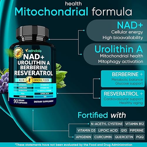 Miniatura 4 de Adndale Suplemento NAD. Fórmula de longevidad Urolitina-A Berberina con NAD liposomal, resveratrol trans, CoQ10. Alternativa de suplemento NMN. 90