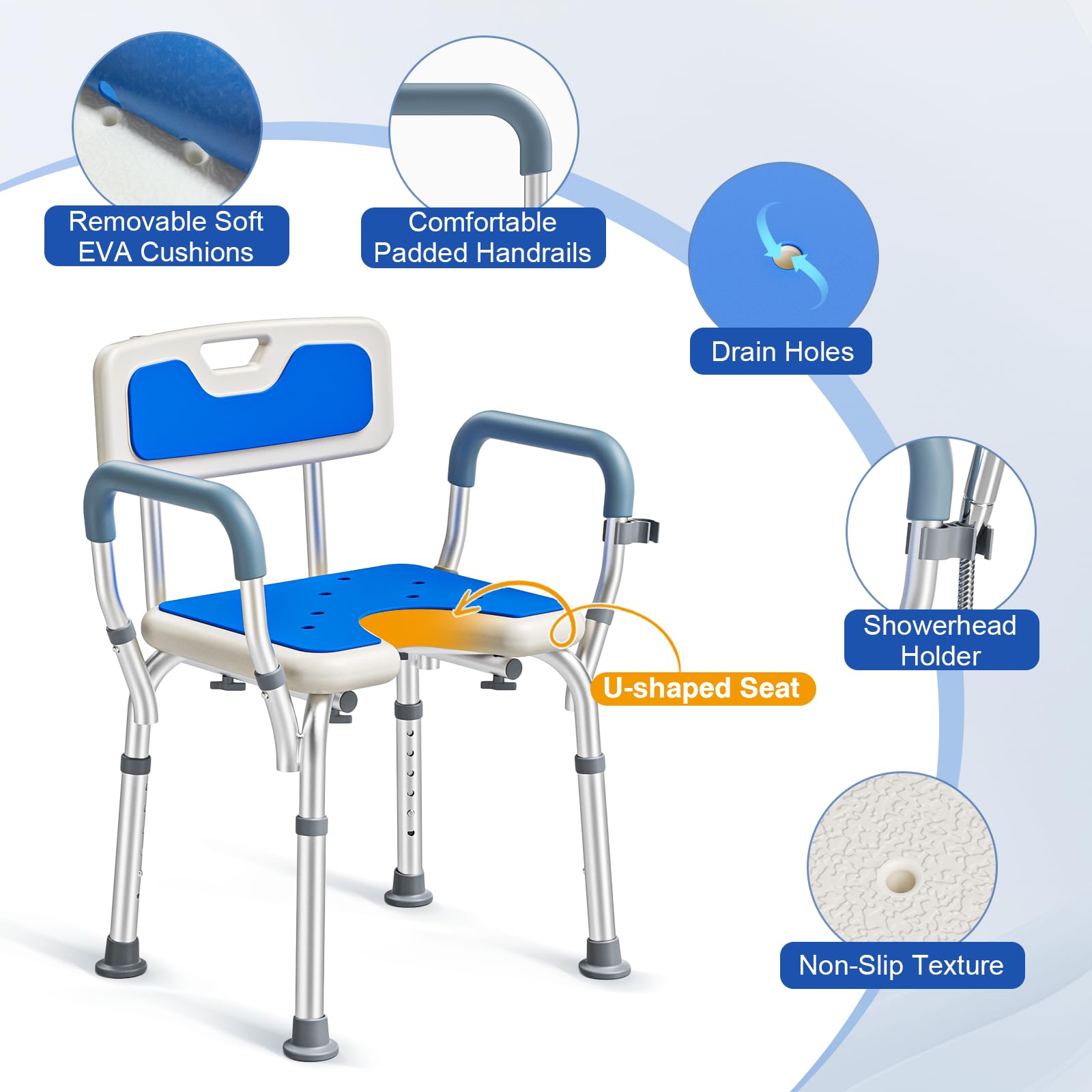 Silla de Ducha con Brazos y Respaldo, Asiento de Ducha Ajustable Taburete de Baño Antideslizante Forma U para Ancianos Discapacitadas Embarazadas
