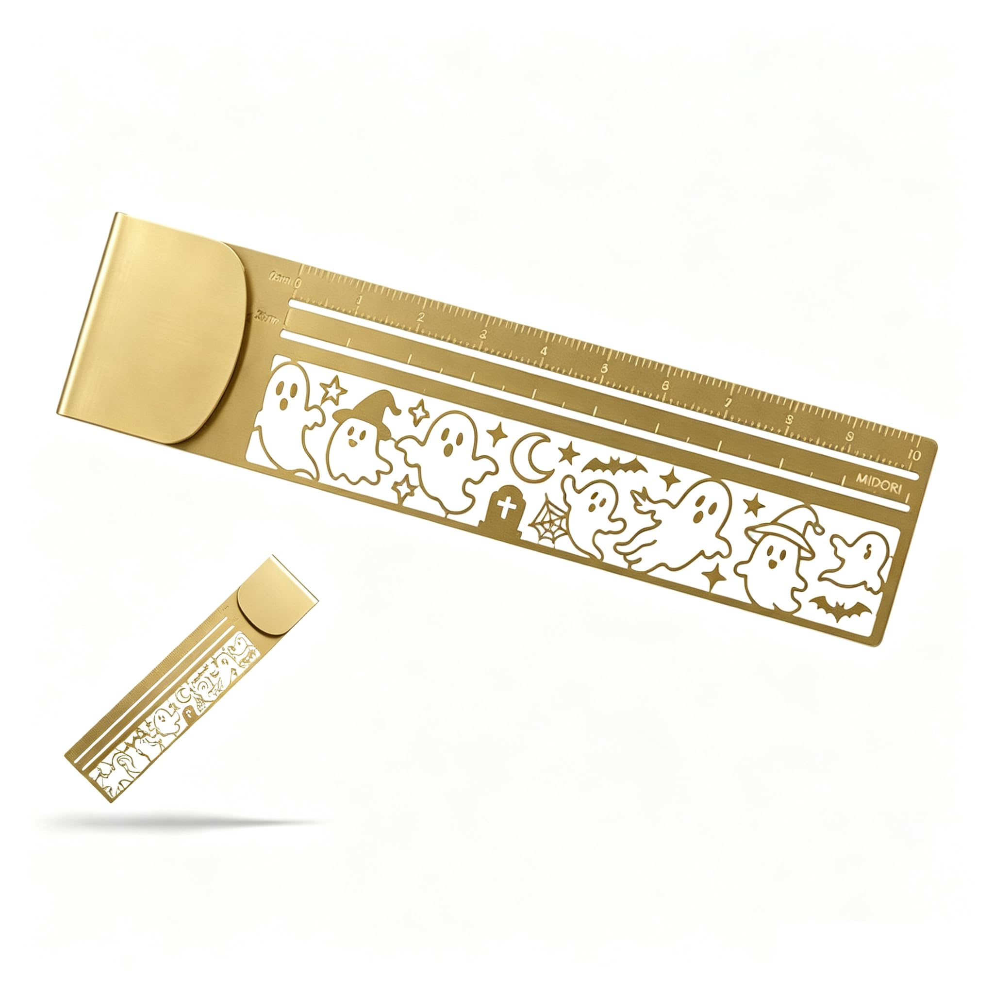Metal Bookmark Ruler, 2-in-1 Mini Creative Cute Cat Stencil Brass Ruler (Ghost)