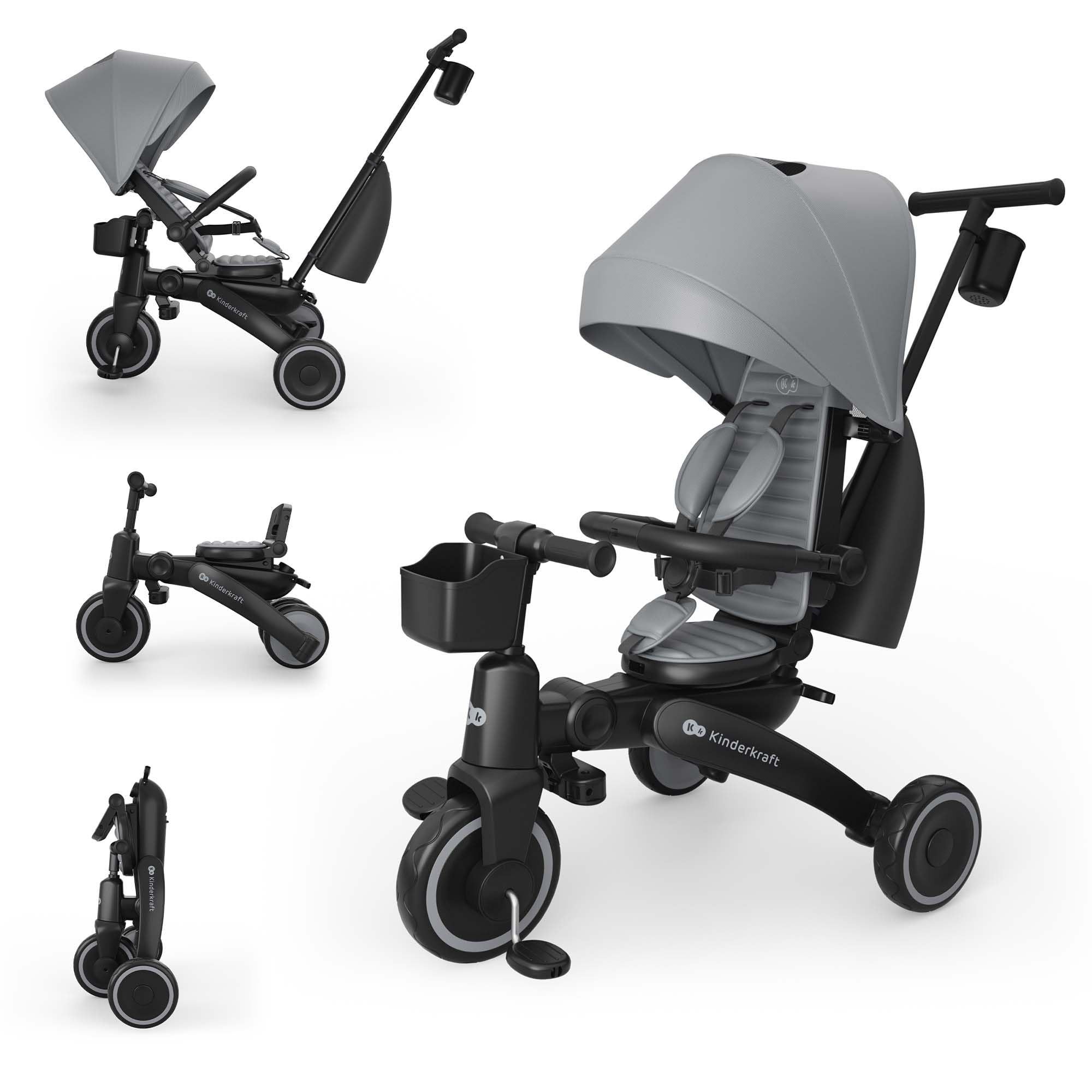 Kinderkraft JAZZ 3 Tricycle Bike, 360° Rotating Seat, Reclining Seat, Foldable Frame, UPF 50+ Canopy, Parent Control Handle, Balance Bike Function, Grey