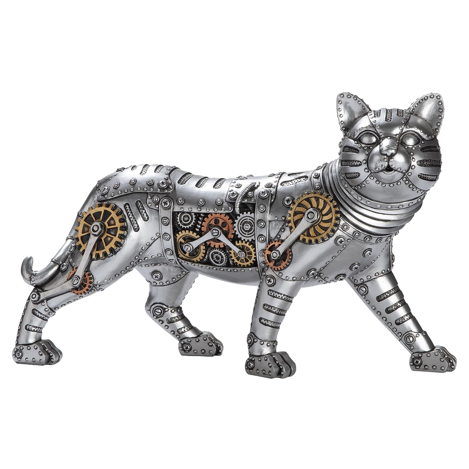 GILDE Steampunk Cat Figurine Made of Resin – Silver – Gear Motif – Height 23 cm x Width 35 cm