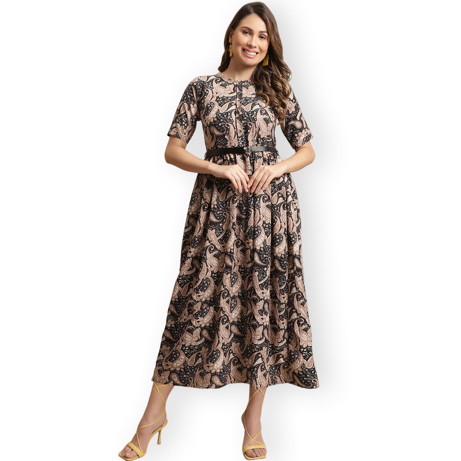 Preneum Girls's Georgette Floral Printed 3/4 Slevees A-Line Fit & Flare Gown With Belt, Black, M
