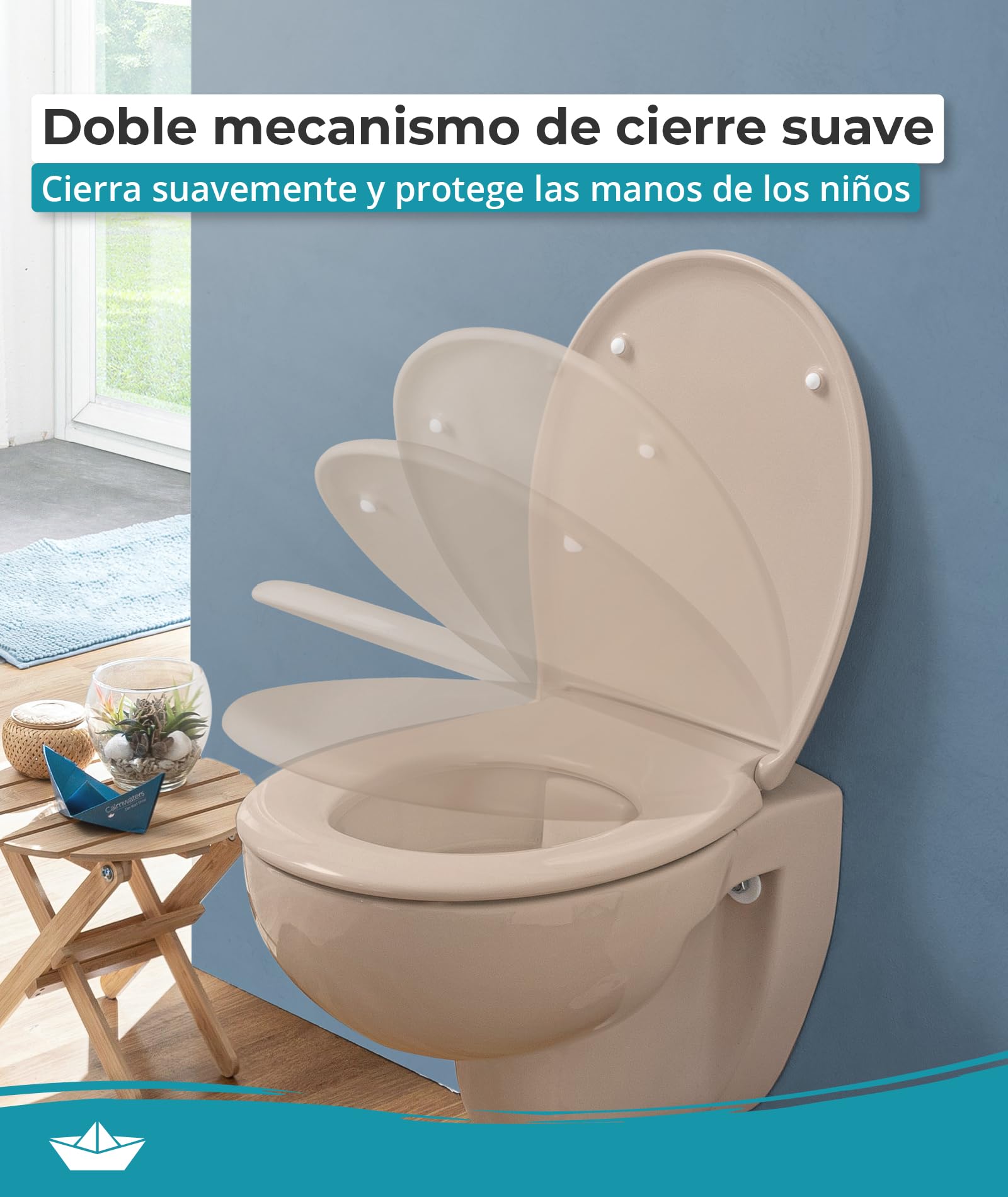 Calmwaters® Premium asiento de inodoro de fácil instalación, hasta 250 kg, Made in EU, duroplast antibacteriano, doble mecanismo de cierre suave, 2 opciones de fijación, extraíble, ovalado, beige