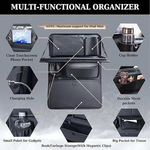 Miniatura 3 de Coverado Organizador de asiento trasero de automóvil, organizador de asiento de automóvil de piel de napa con soporte para tableta de pantalla