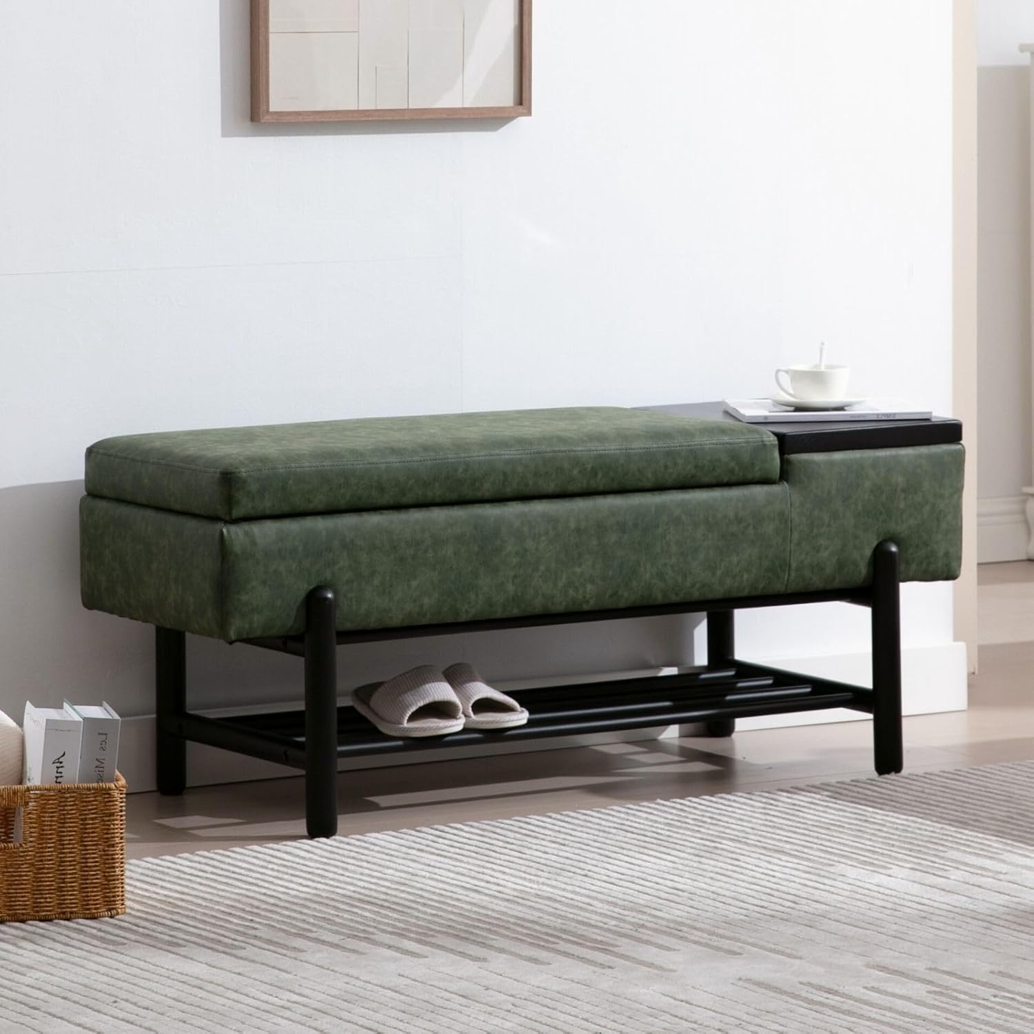 ROCITY Green Leather Bench for Bedroom End of Bed