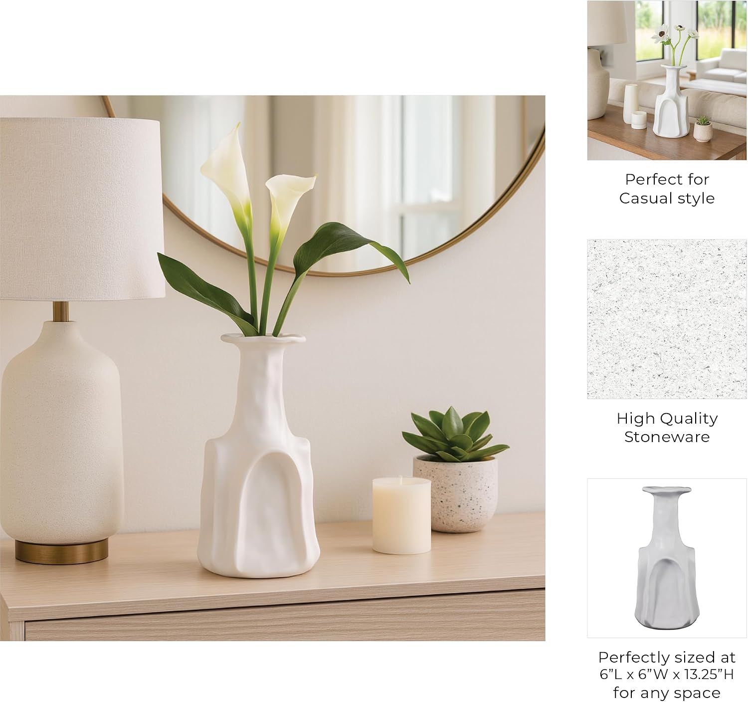Ceramic Flower Vase for Living Room Decor – Unique Tall Decorative Vase with Artistic Curved Design for Fresh Flowers and Pampas Grass – Elegant Home Decor for Bedroom, Table, and Office – 13" White
