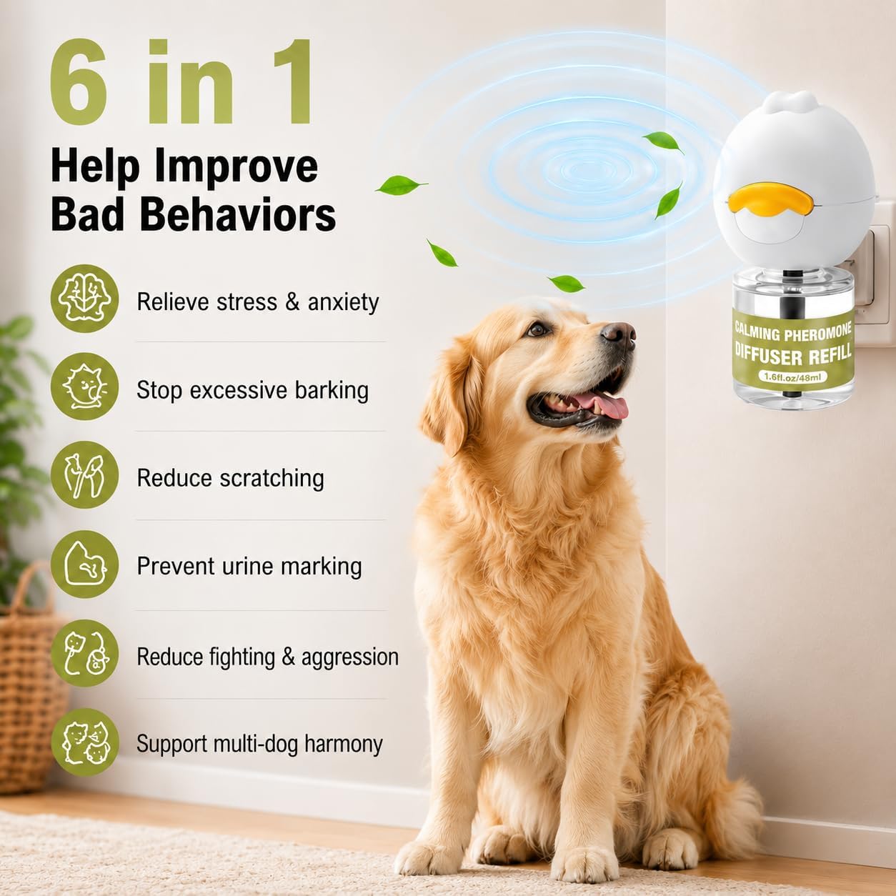 Calming Diffuser for Dog 6 in 1 Kit Appeasing Dog Pheromone Diffuser Kit to Calm (2 Plug in+4 Pack 48ml Refill) for Anxiety Relief Reduce Fighting Barking Stress 120 Day Supply(Tasteless)